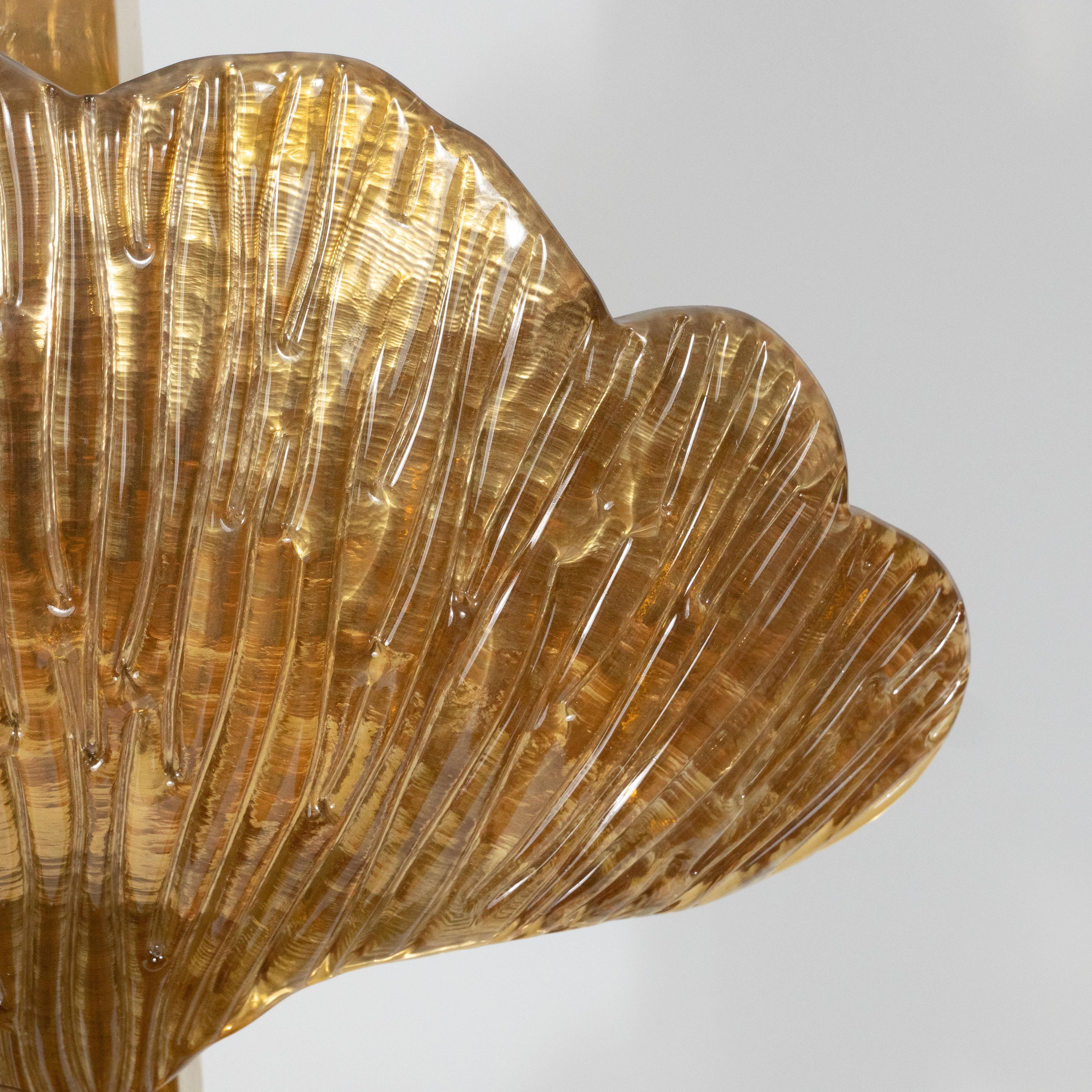 Contemporary Large Pair of Brass and Gold Metallic Murano Glass Ginko Leaf Lamps, Italy