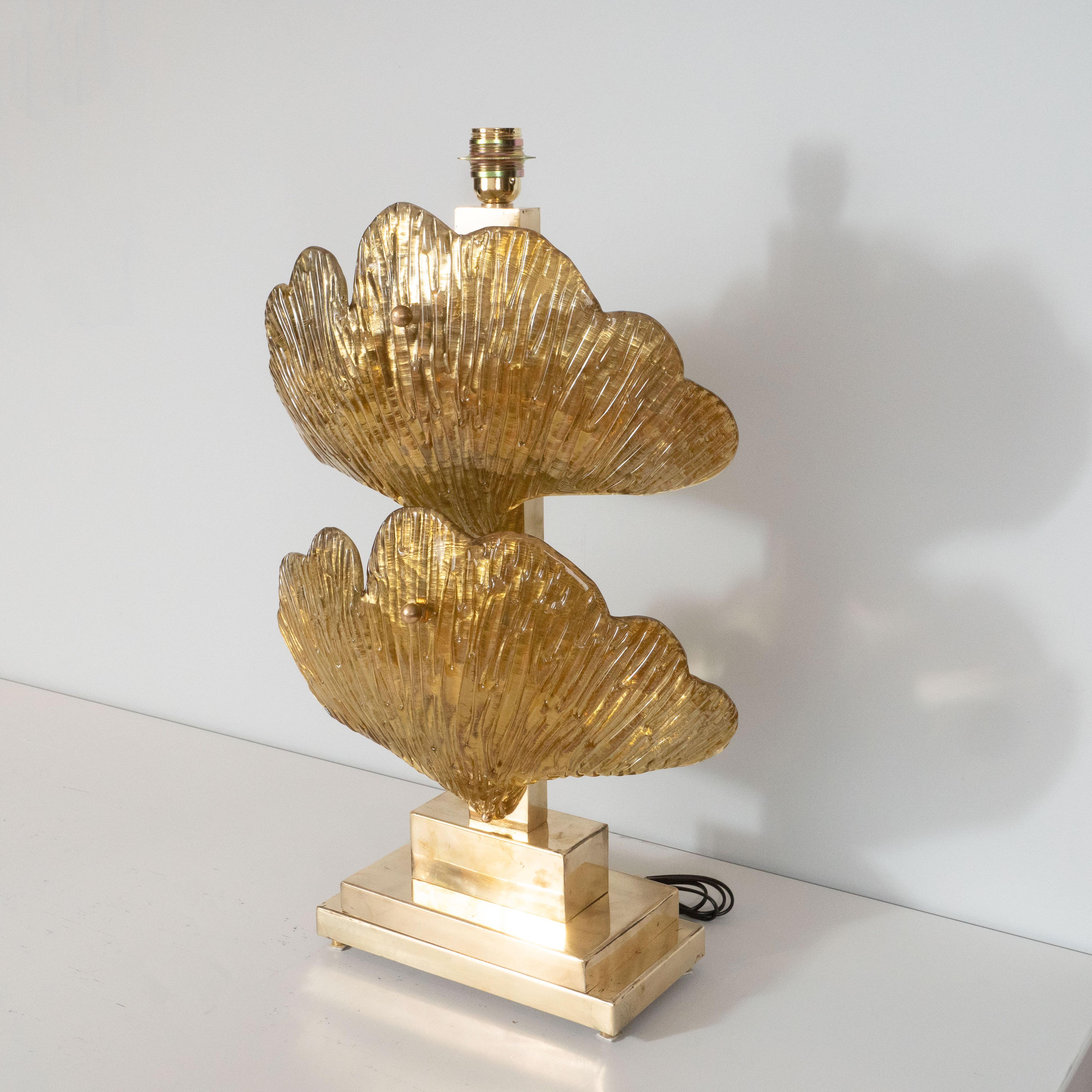 Großes Paar Ginko-Blattlampen aus Messing und goldenem Metallic-Muranoglas, Italien 1