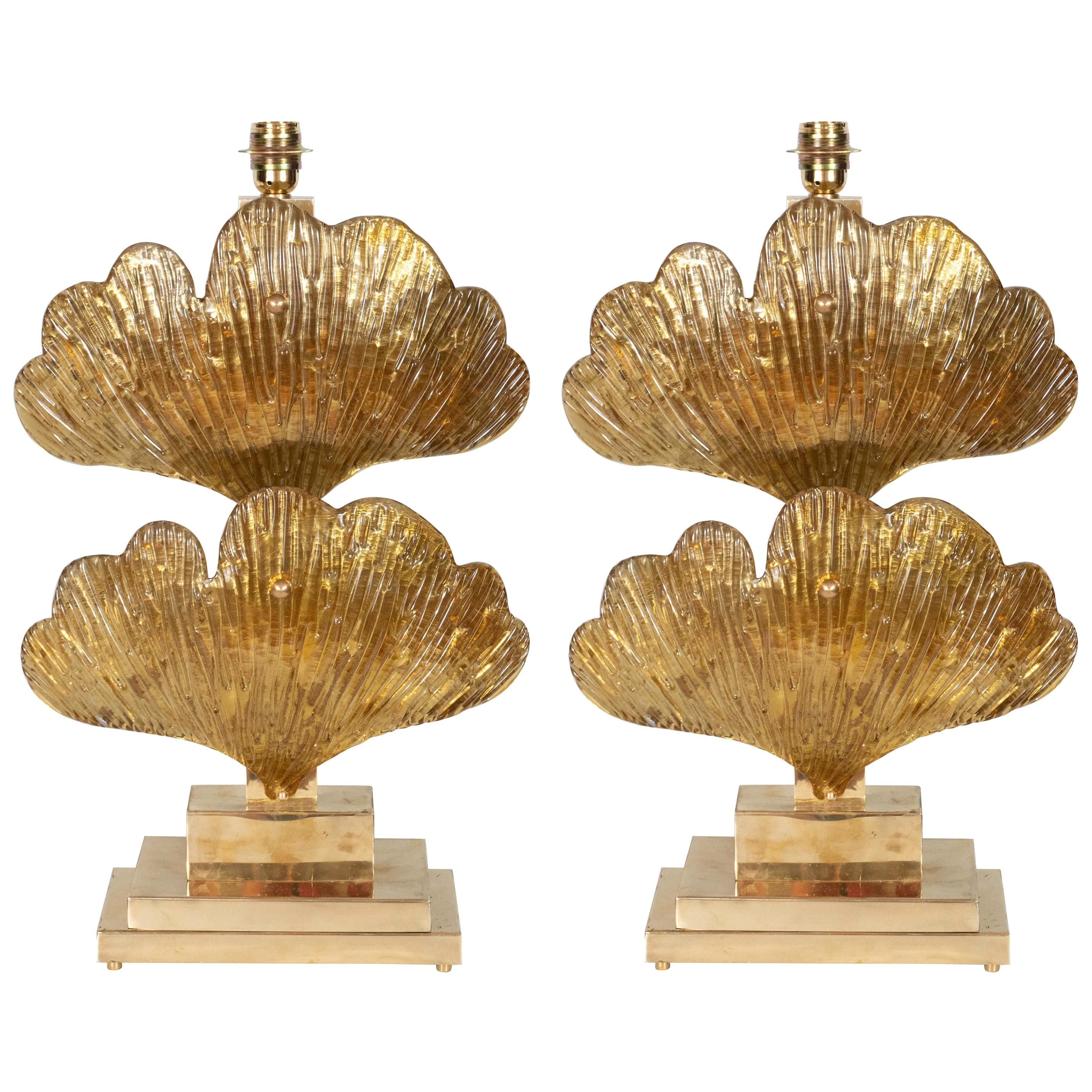 Large Pair of Brass and Gold Metallic Murano Glass Ginko Leaf Lamps, Italy
