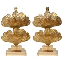 Large Pair of Brass and Gold Metallic Murano Glass Ginko Leaf Lamps, Italy