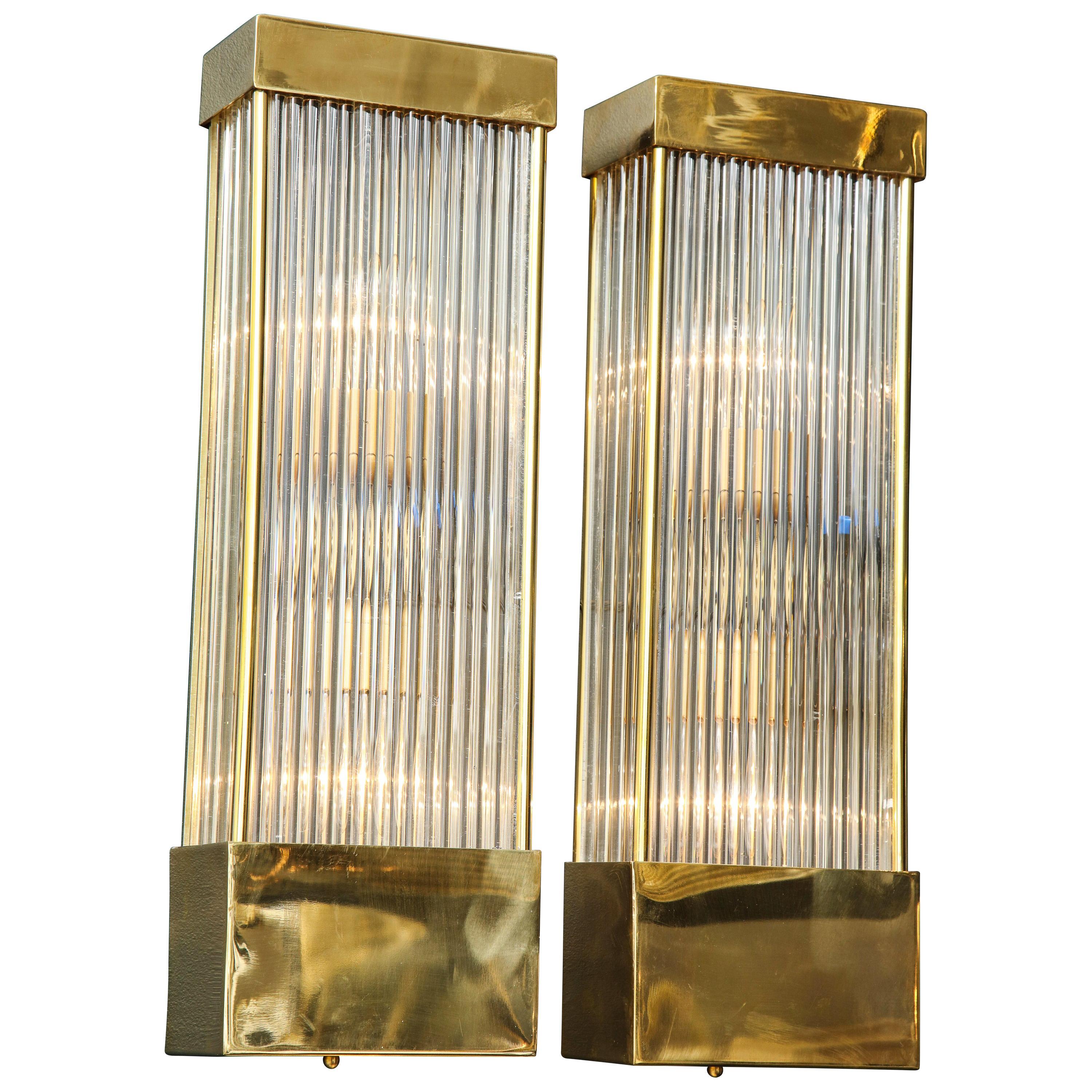 Modernist Glass Rod and Brass Banded Skyscraper Style Sconce at 1stDibs