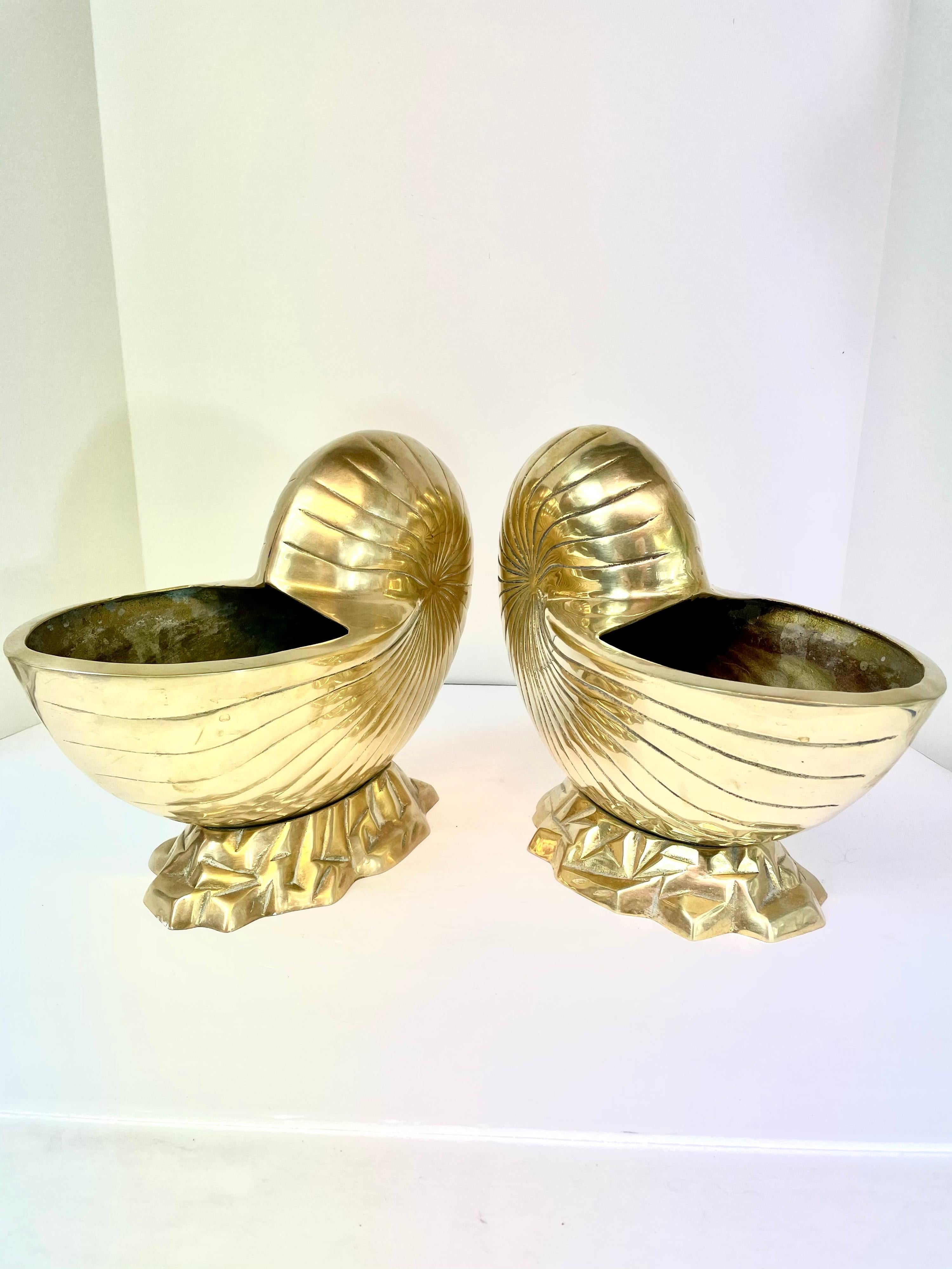 Large brass nautilus from the 1970s n a hand polished finish, circa 1970s. Made in Korea. Both are same size, shape, and color.