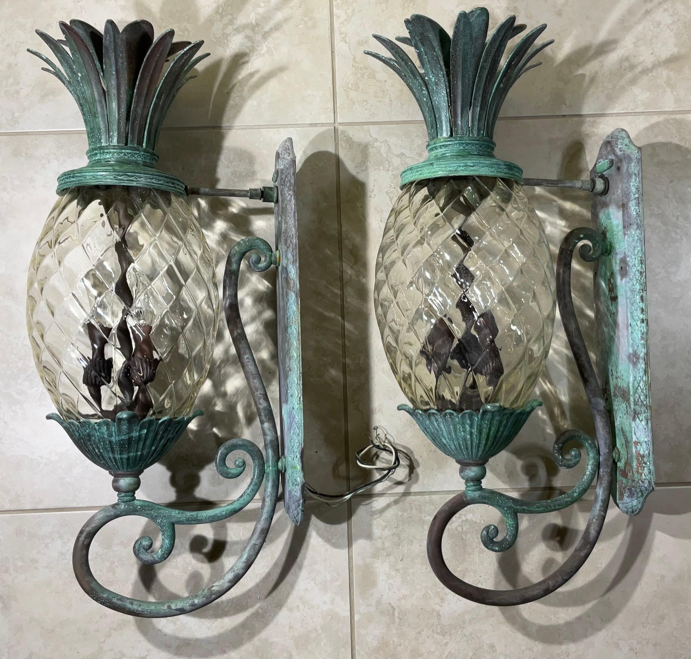 Large Pair of Bronze and Brass Pineapple Wall Lantern or Wall Sconces  3