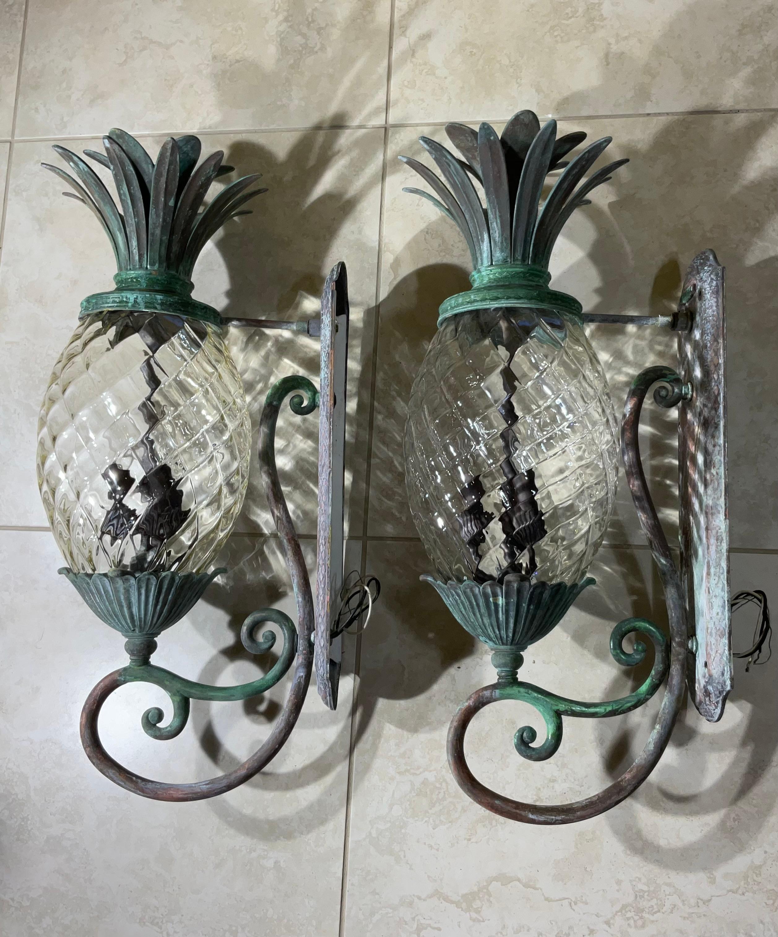 Large Pair of Bronze and Brass Pineapple Wall Lantern or Wall Sconces  For Sale 4
