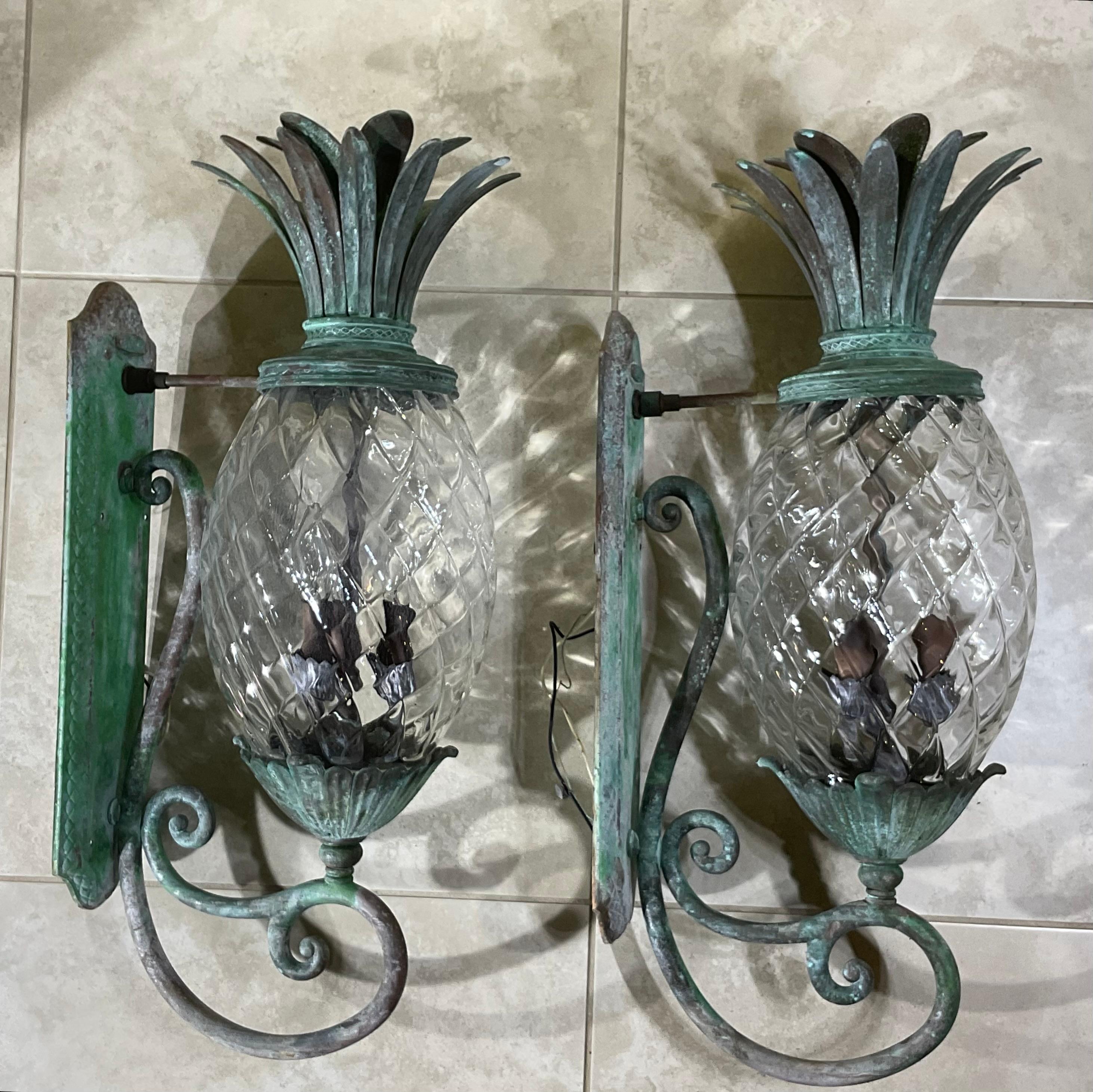 Large Pair of Bronze and Brass Pineapple Wall Lantern or Wall Sconces 4