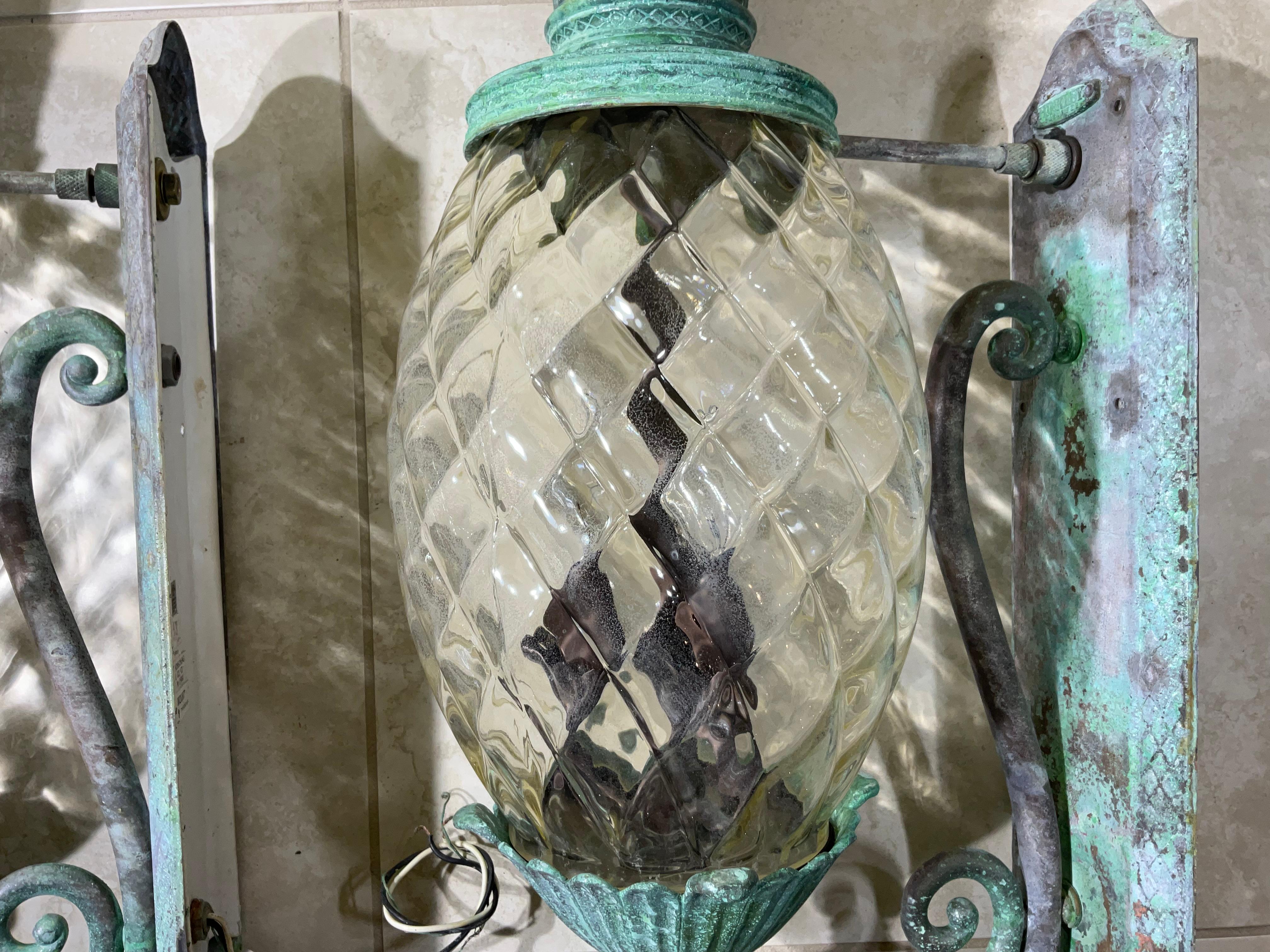 Large Pair of Bronze and Brass Pineapple Wall Lantern or Wall Sconces  4