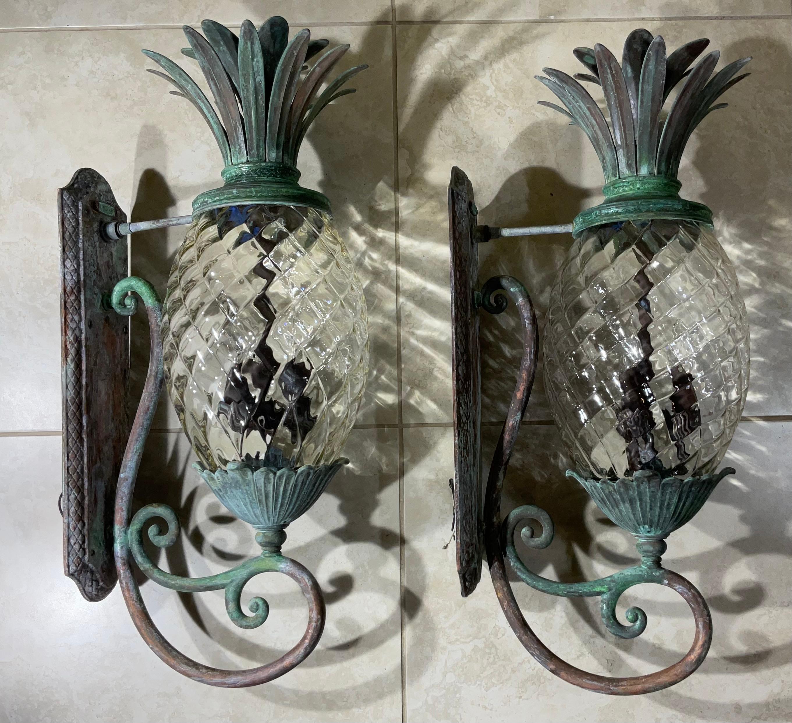 Large Pair of Bronze and Brass Pineapple Wall Lantern or Wall Sconces  For Sale 5