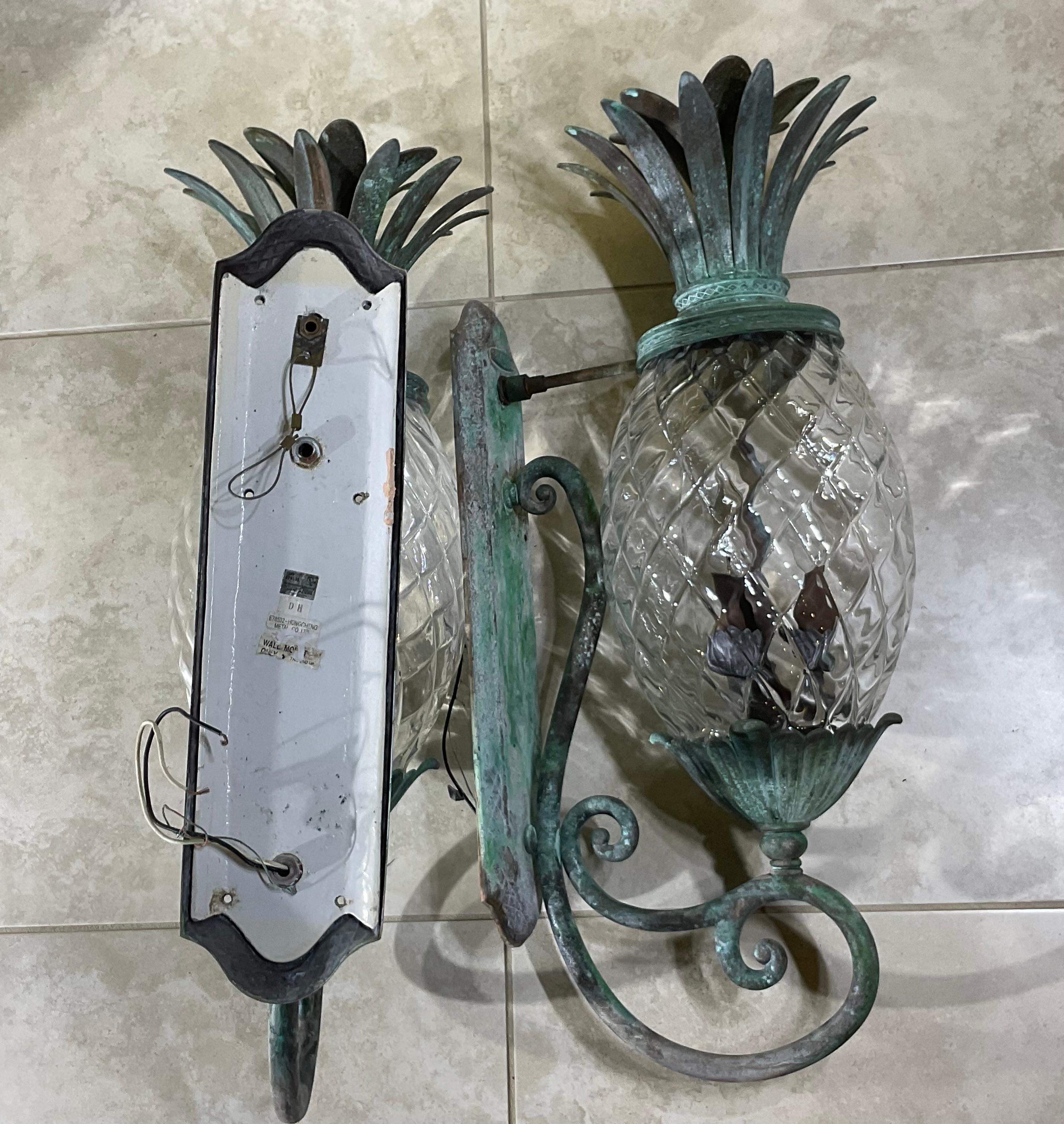 Large Pair of Bronze and Brass Pineapple Wall Lantern or Wall Sconces 5