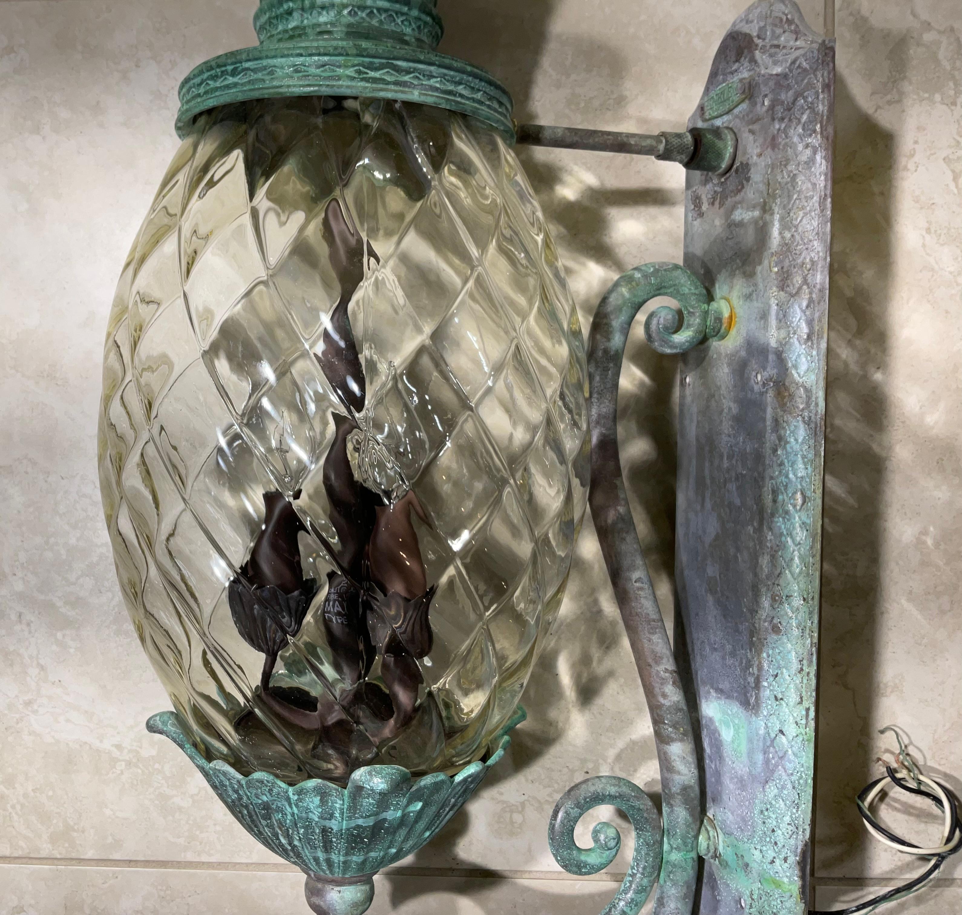 Large Pair of Bronze and Brass Pineapple Wall Lantern or Wall Sconces  5