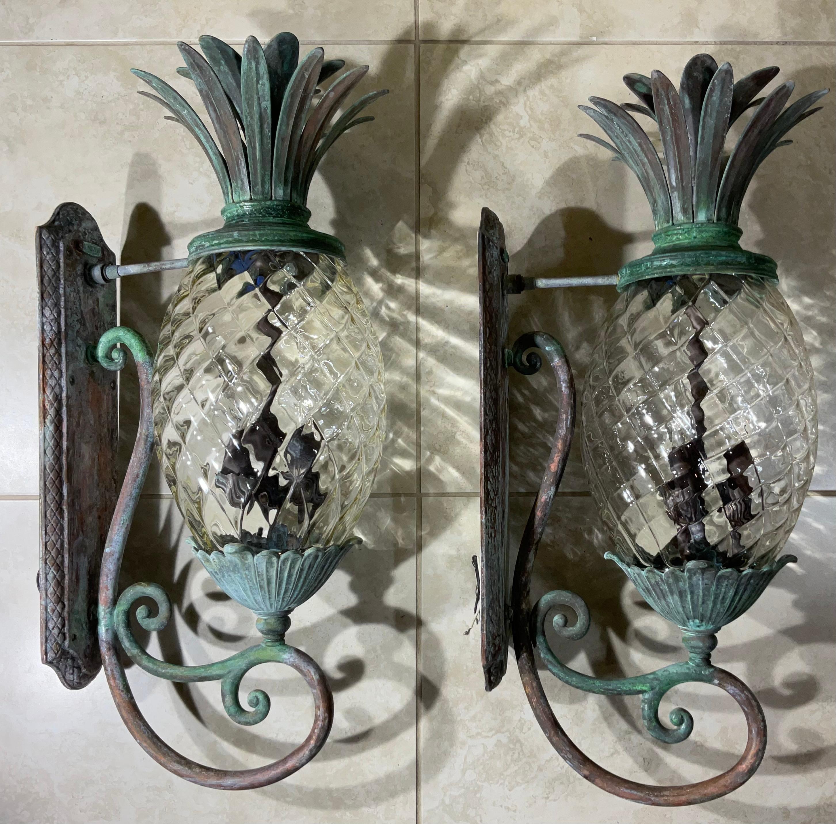 Large Pair of Bronze and Brass Pineapple Wall Lantern or Wall Sconces  For Sale 6