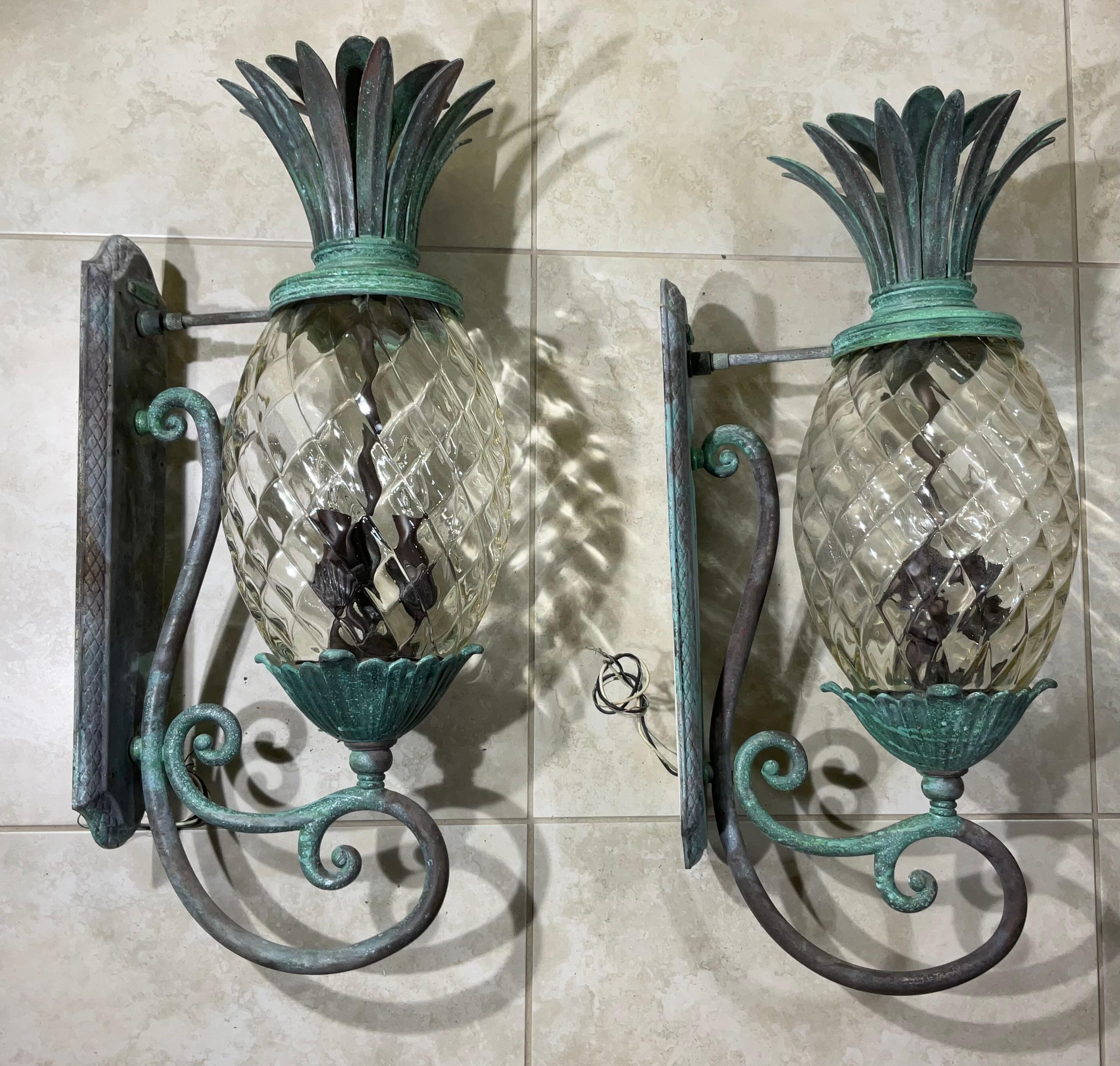 Large Pair of Bronze and Brass Pineapple Wall Lantern or Wall Sconces  7