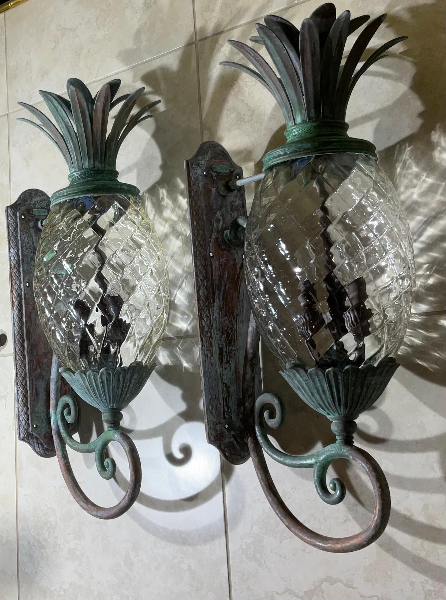 Large Pair of Bronze and Brass Pineapple Wall Lantern or Wall Sconces  For Sale 7