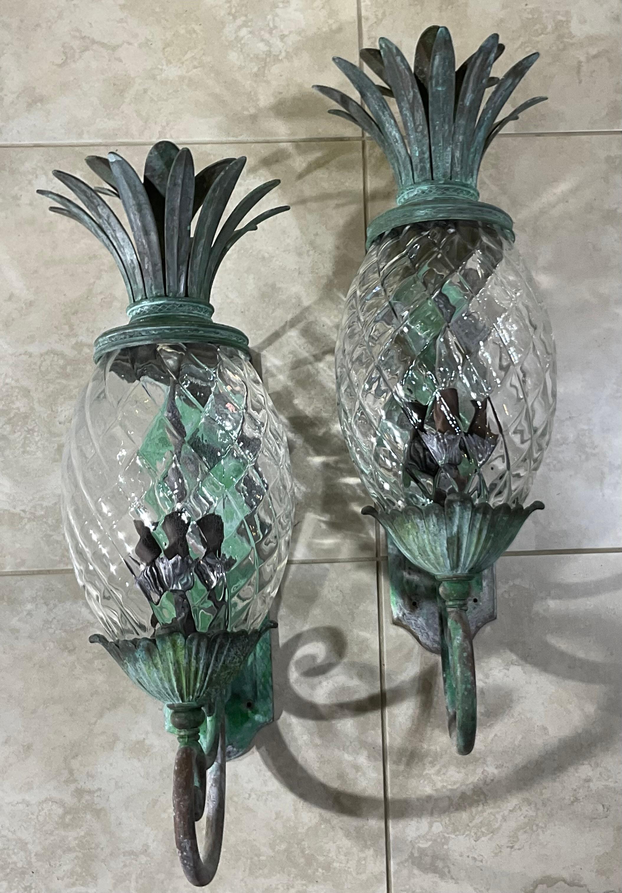 Large Pair of Bronze and Brass Pineapple Wall Lantern or Wall Sconces 7