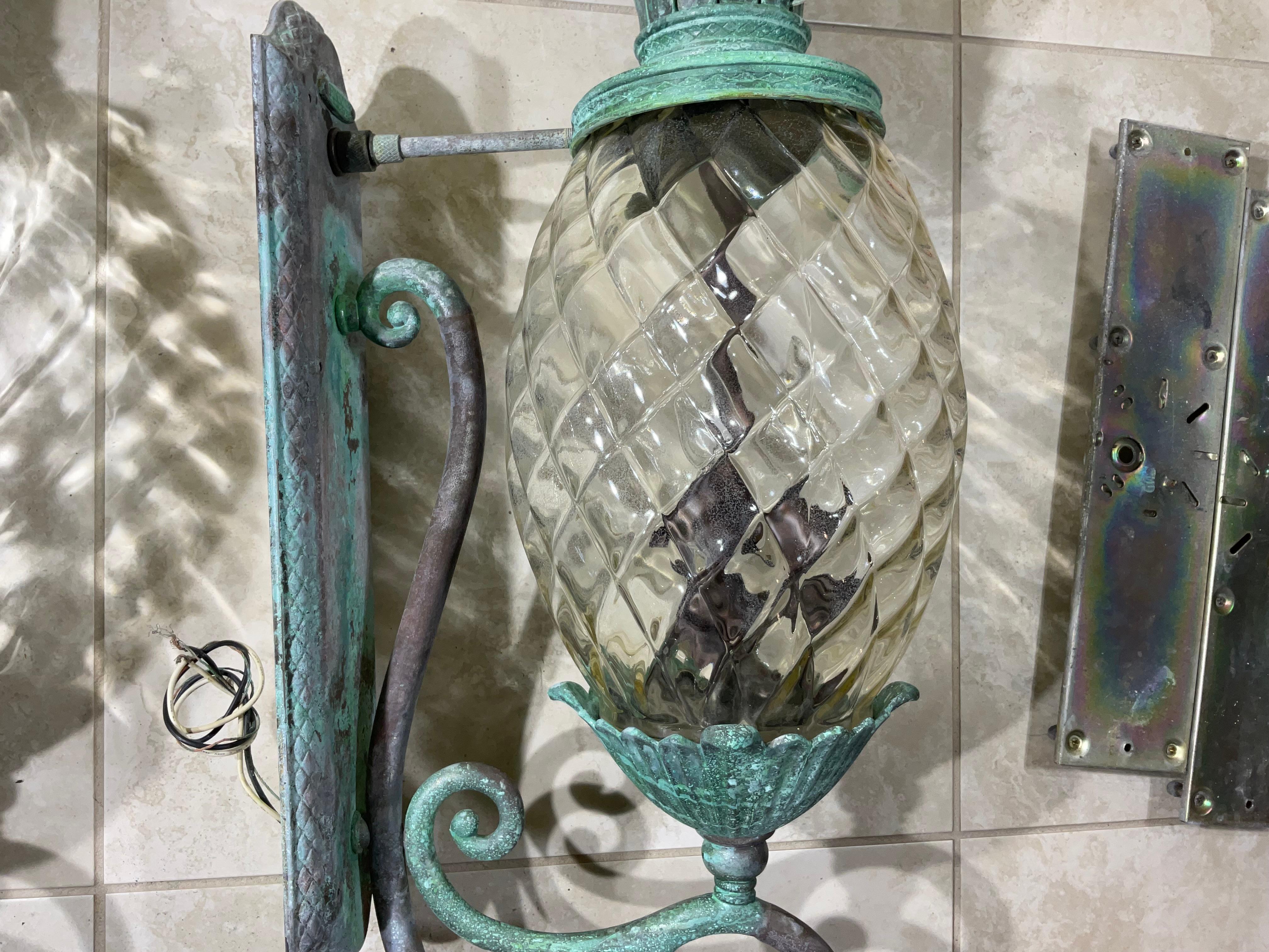 Large Pair of Bronze and Brass Pineapple Wall Lantern or Wall Sconces  8