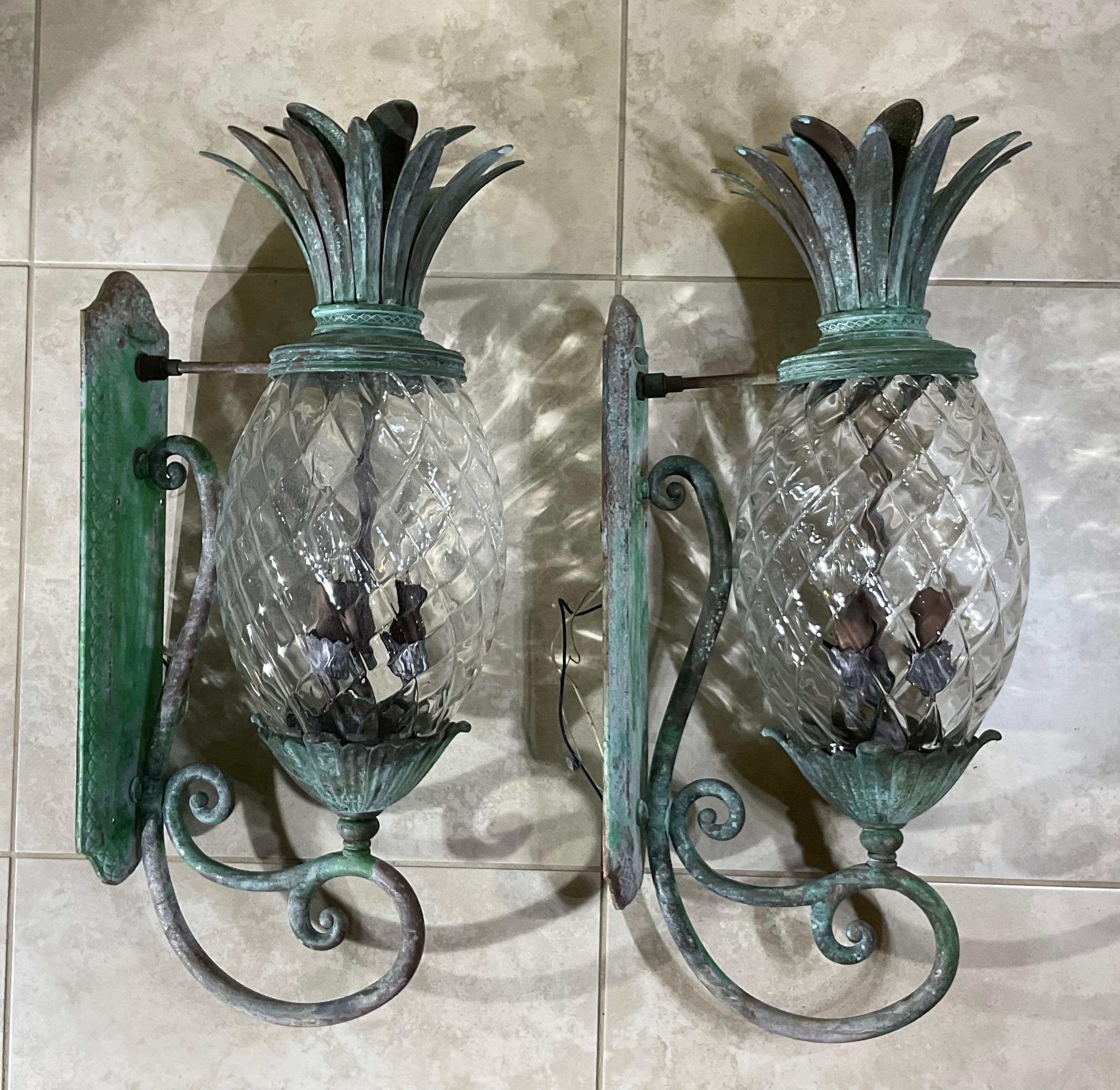 Large Pair of Bronze and Brass Pineapple Wall Lantern or Wall Sconces 8