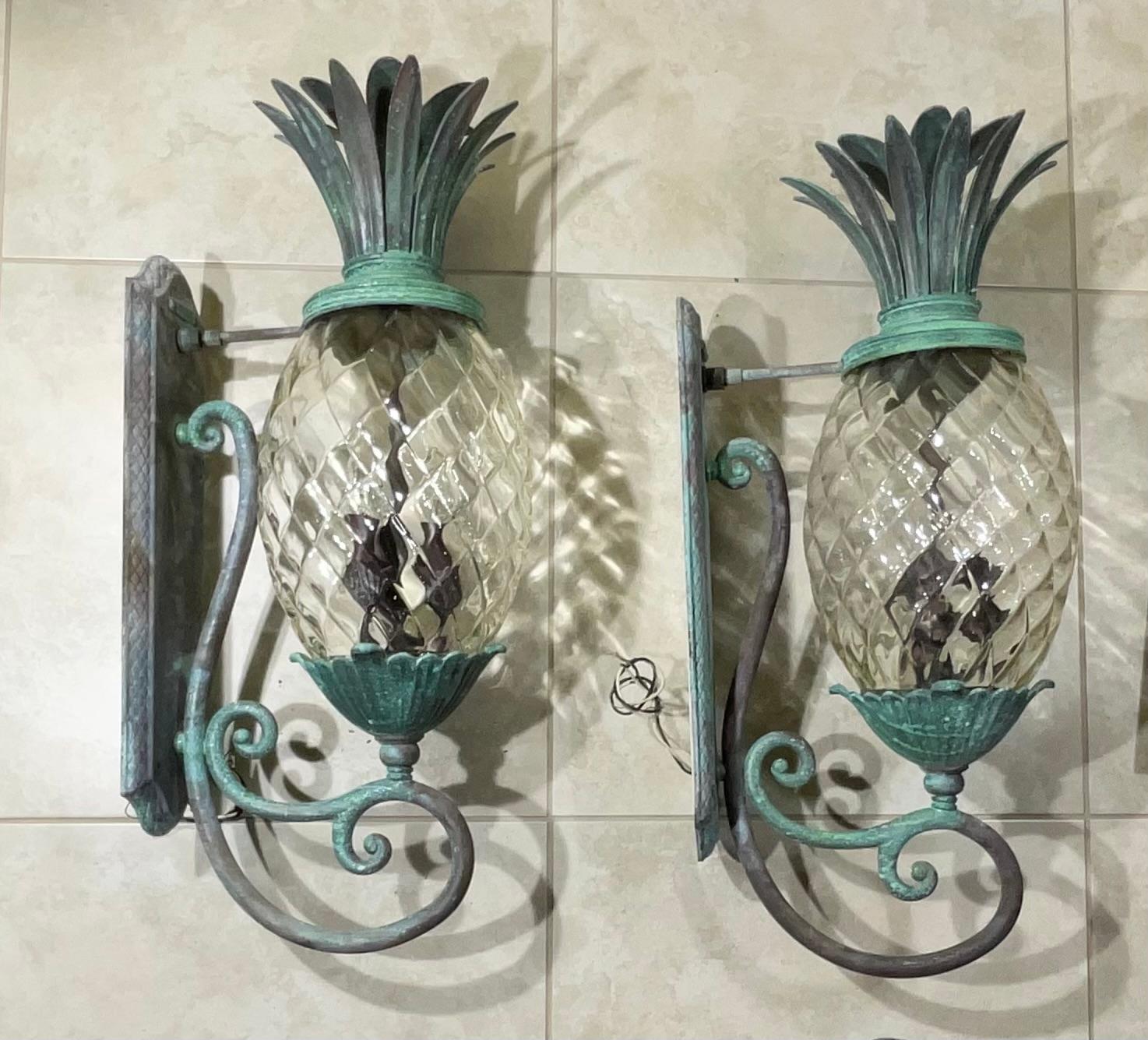 Large Pair of Bronze and Brass Pineapple Wall Lantern or Wall Sconces  9