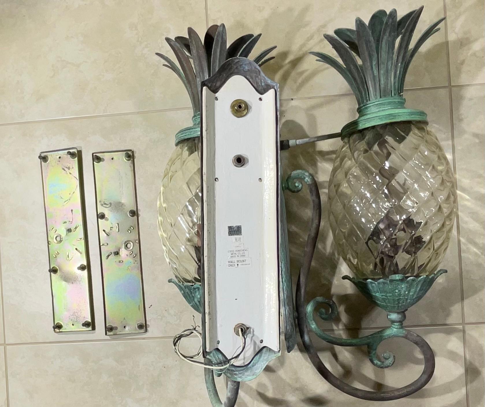 Large Pair of Bronze and Brass Pineapple Wall Lantern or Wall Sconces  11