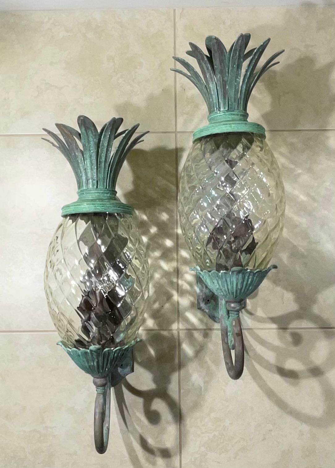 Large Pair of Bronze and Brass Pineapple Wall Lantern or Wall Sconces  13
