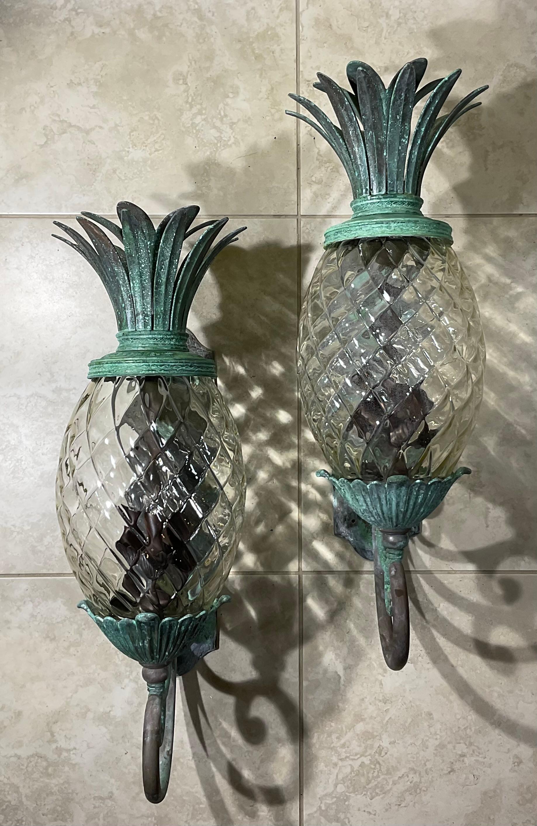 Large Pair of Bronze and Brass Pineapple Wall Lantern or Wall Sconces  14