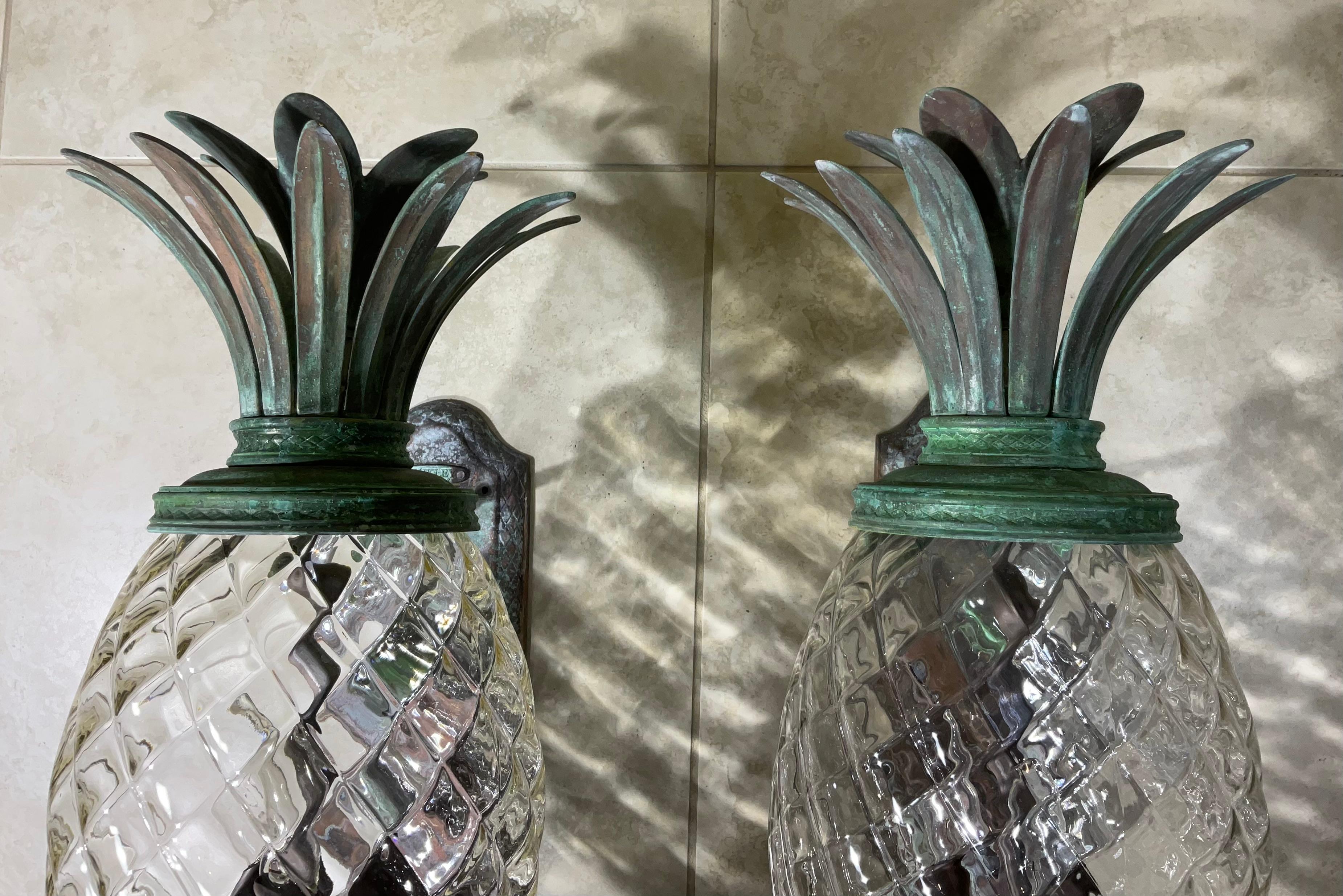 North American Large Pair of Bronze and Brass Pineapple Wall Lantern or Wall Sconces  For Sale
