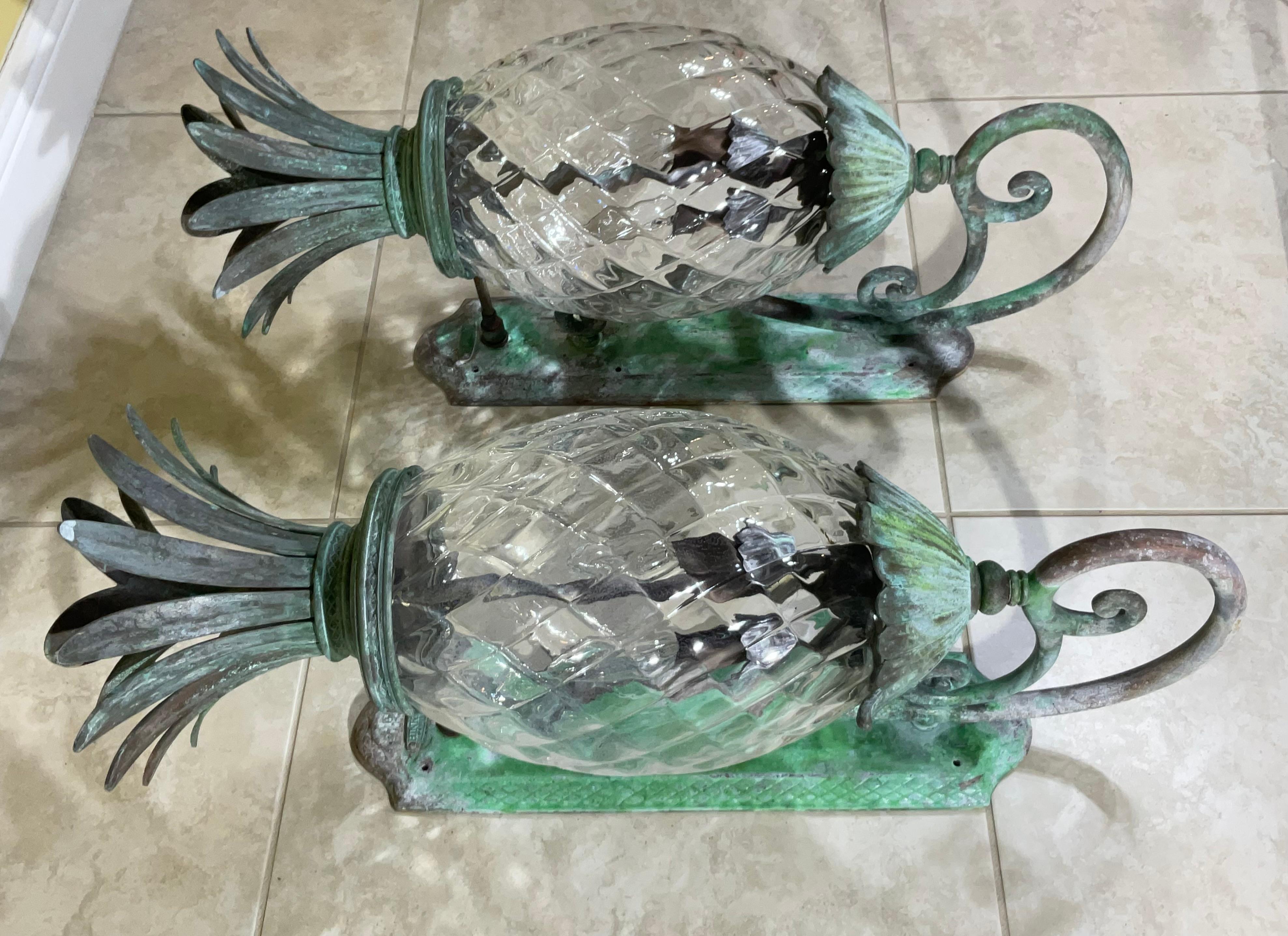 North American Large Pair of Bronze and Brass Pineapple Wall Lantern or Wall Sconces