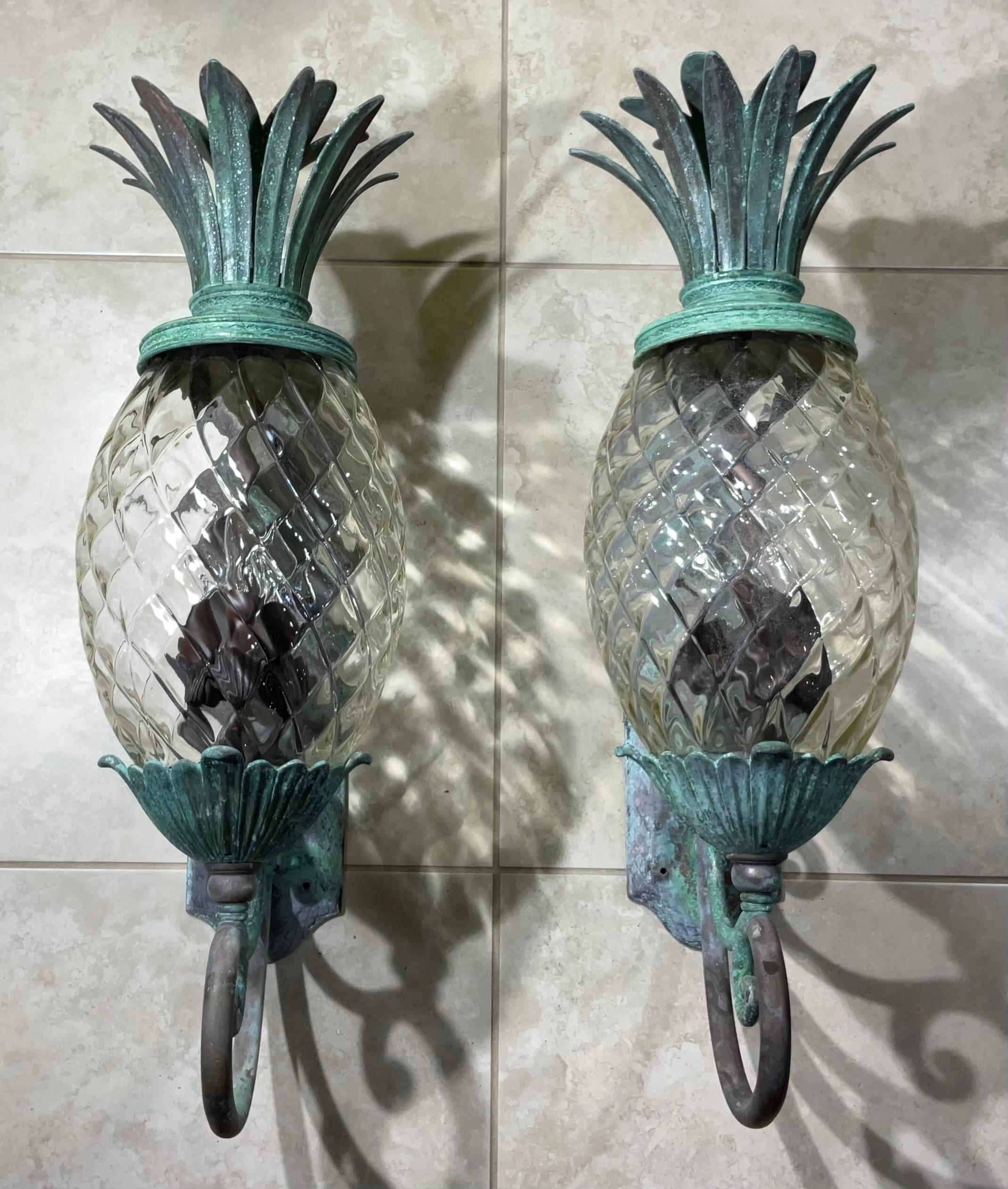North American Large Pair of Bronze and Brass Pineapple Wall Lantern or Wall Sconces 