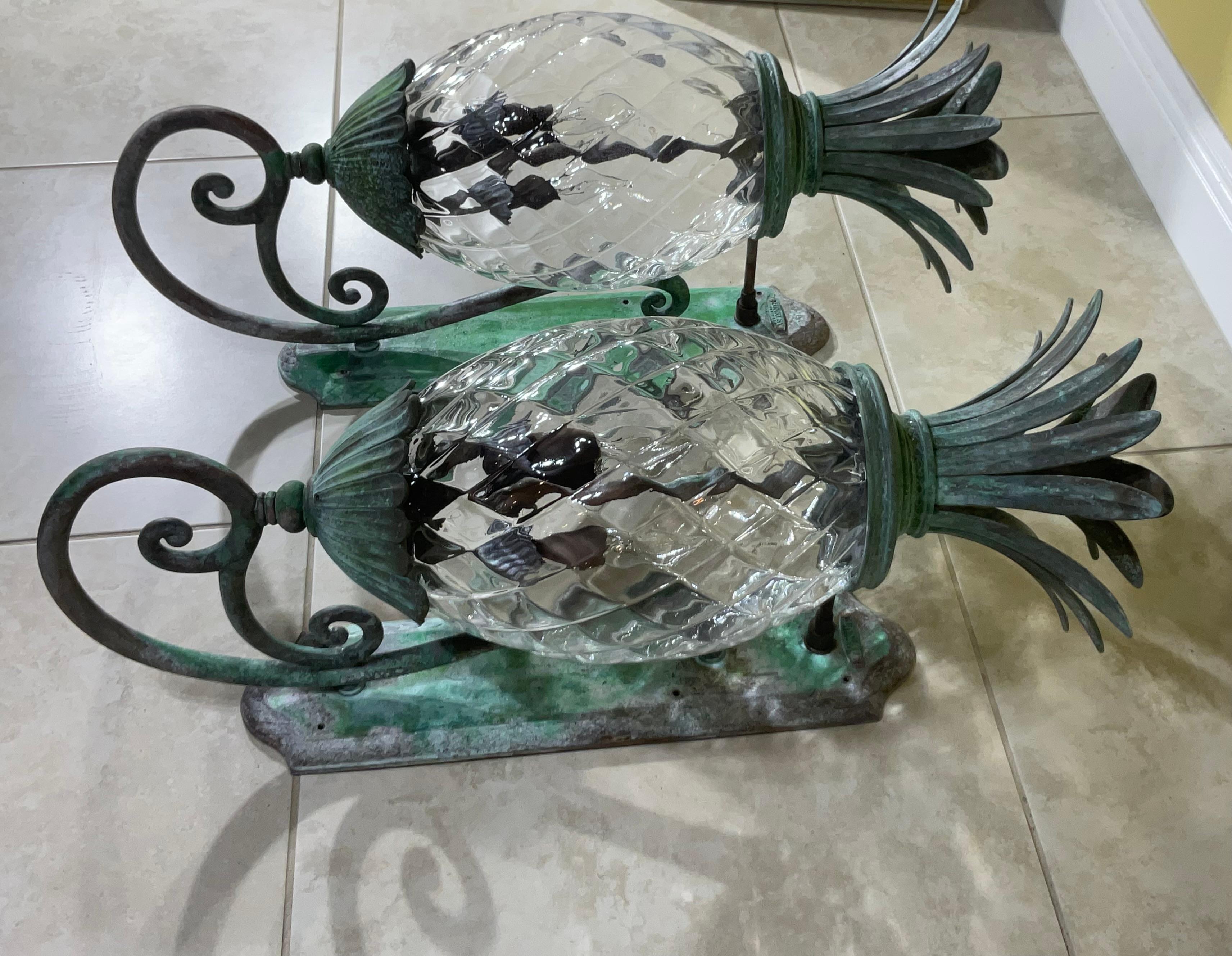 Hand-Crafted Large Pair of Bronze and Brass Pineapple Wall Lantern or Wall Sconces
