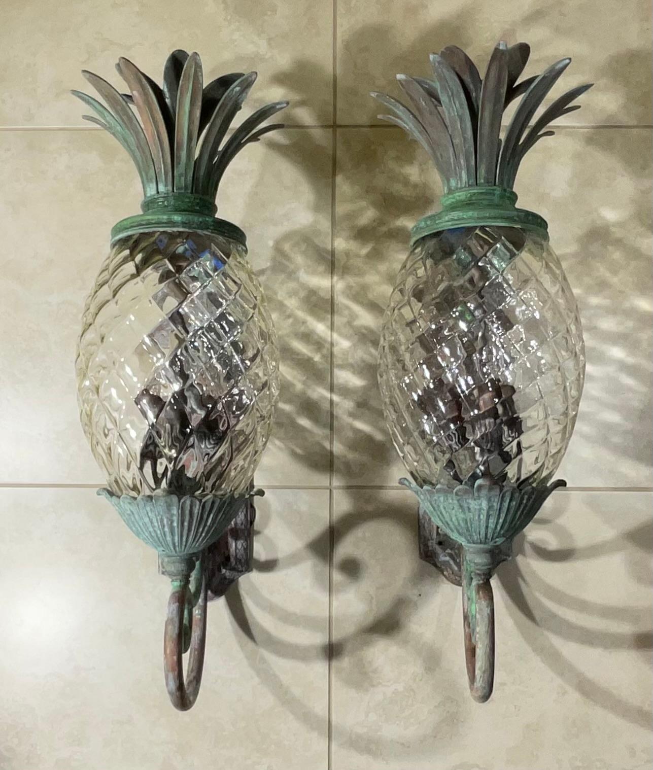 Large Pair of Bronze and Brass Pineapple Wall Lantern or Wall Sconces  In Good Condition In Delray Beach, FL