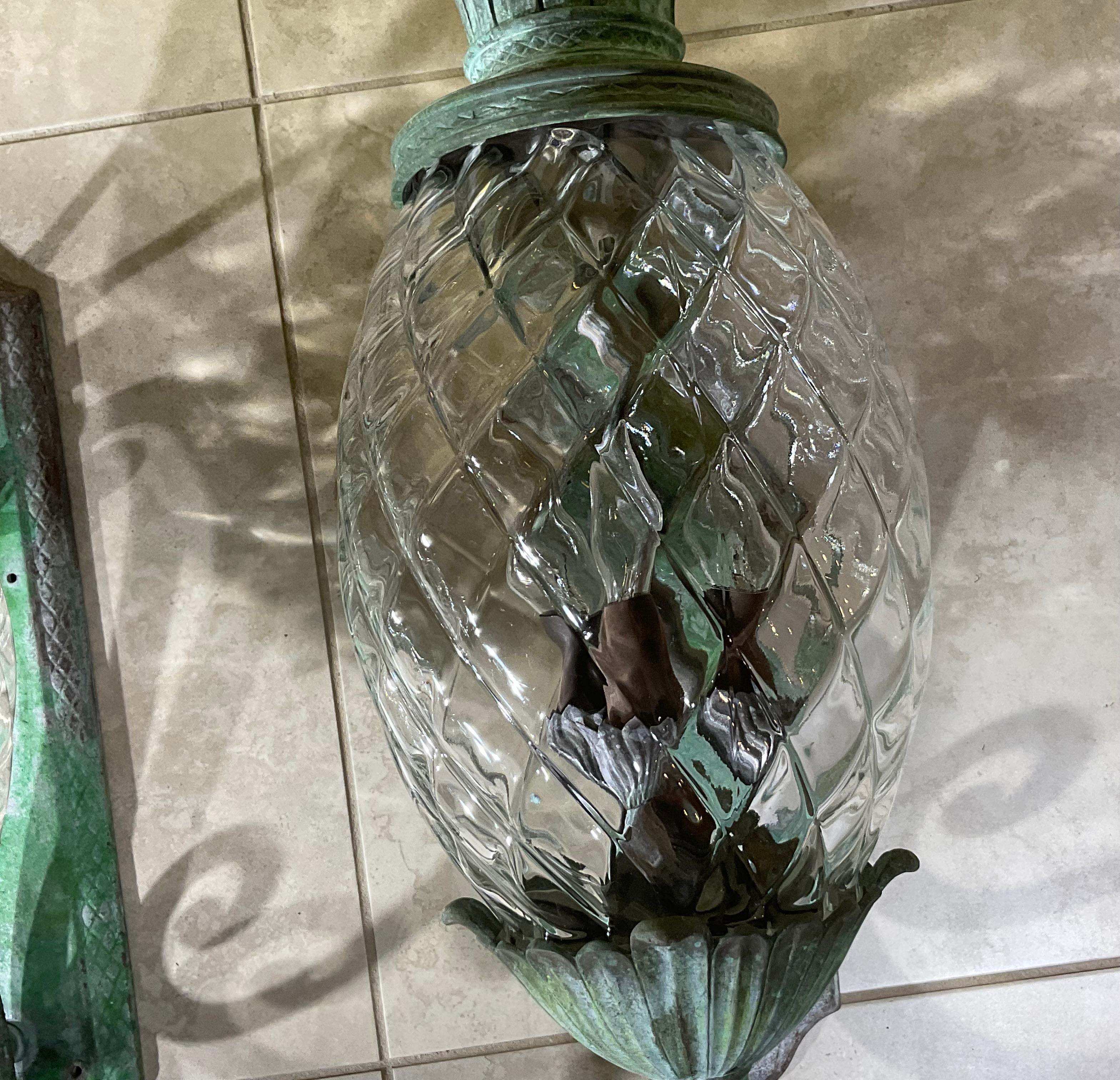 20th Century Large Pair of Bronze and Brass Pineapple Wall Lantern or Wall Sconces