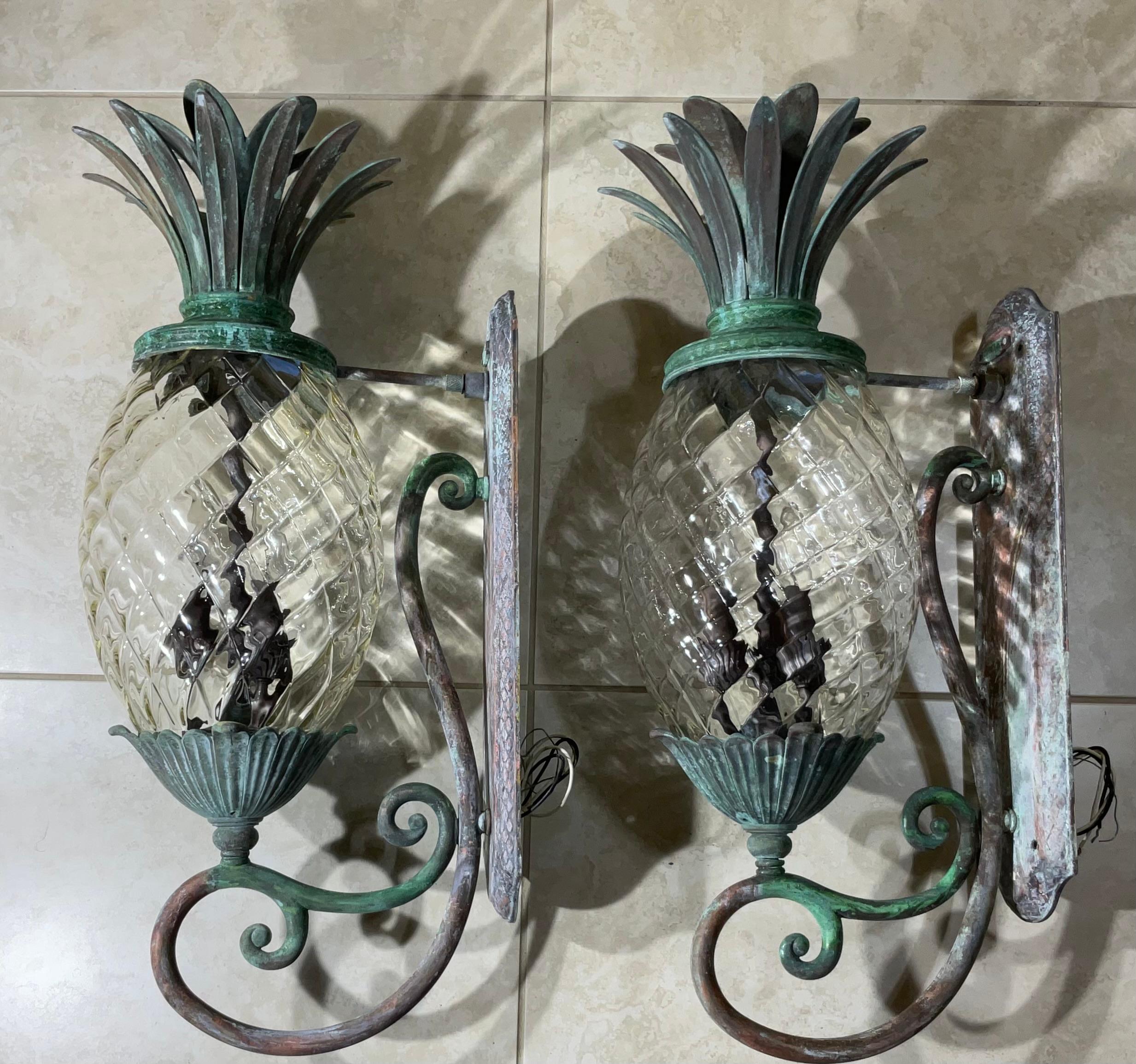 Large Pair of Bronze and Brass Pineapple Wall Lantern or Wall Sconces  For Sale 1