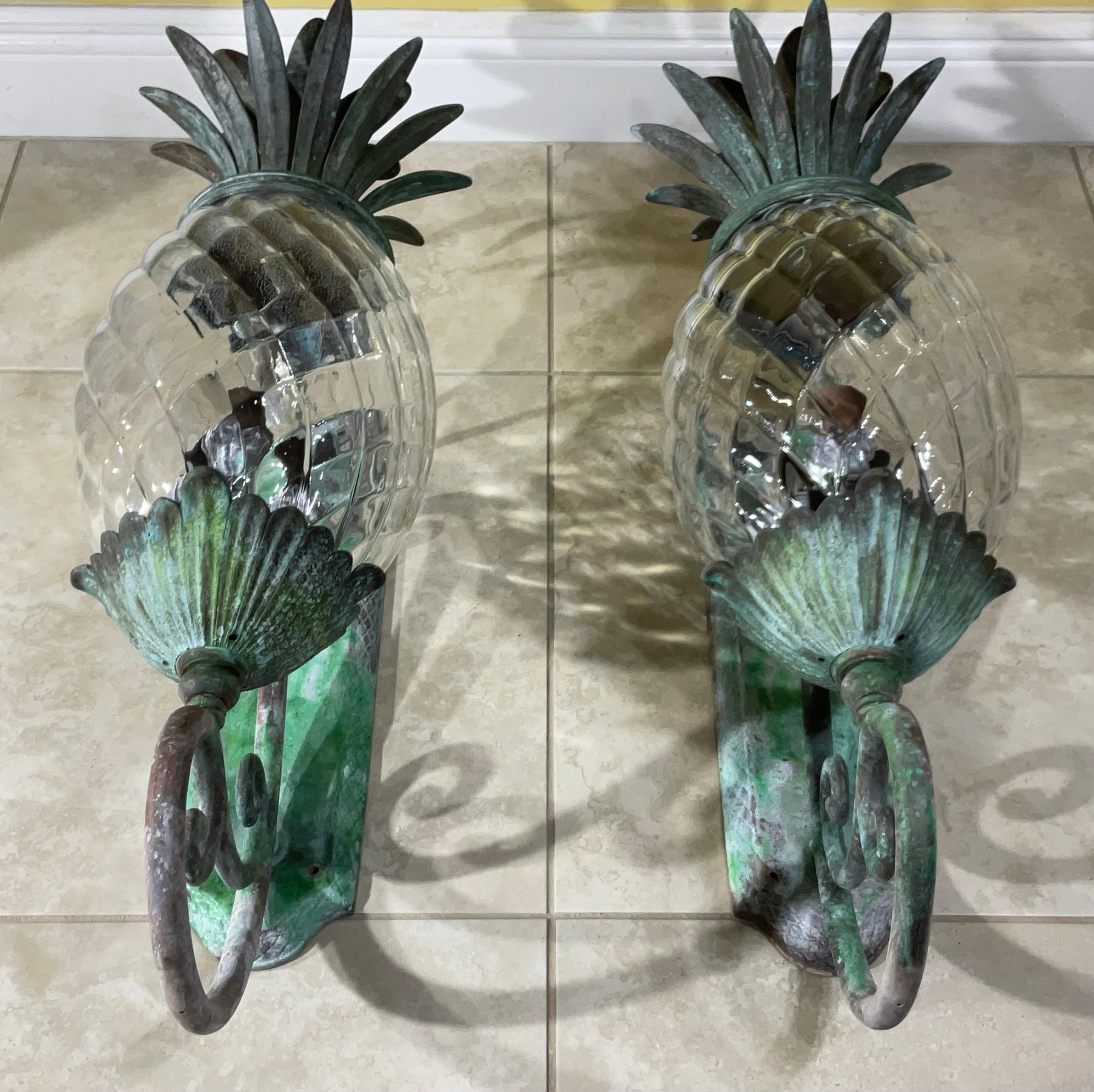 Large Pair of Bronze and Brass Pineapple Wall Lantern or Wall Sconces 1