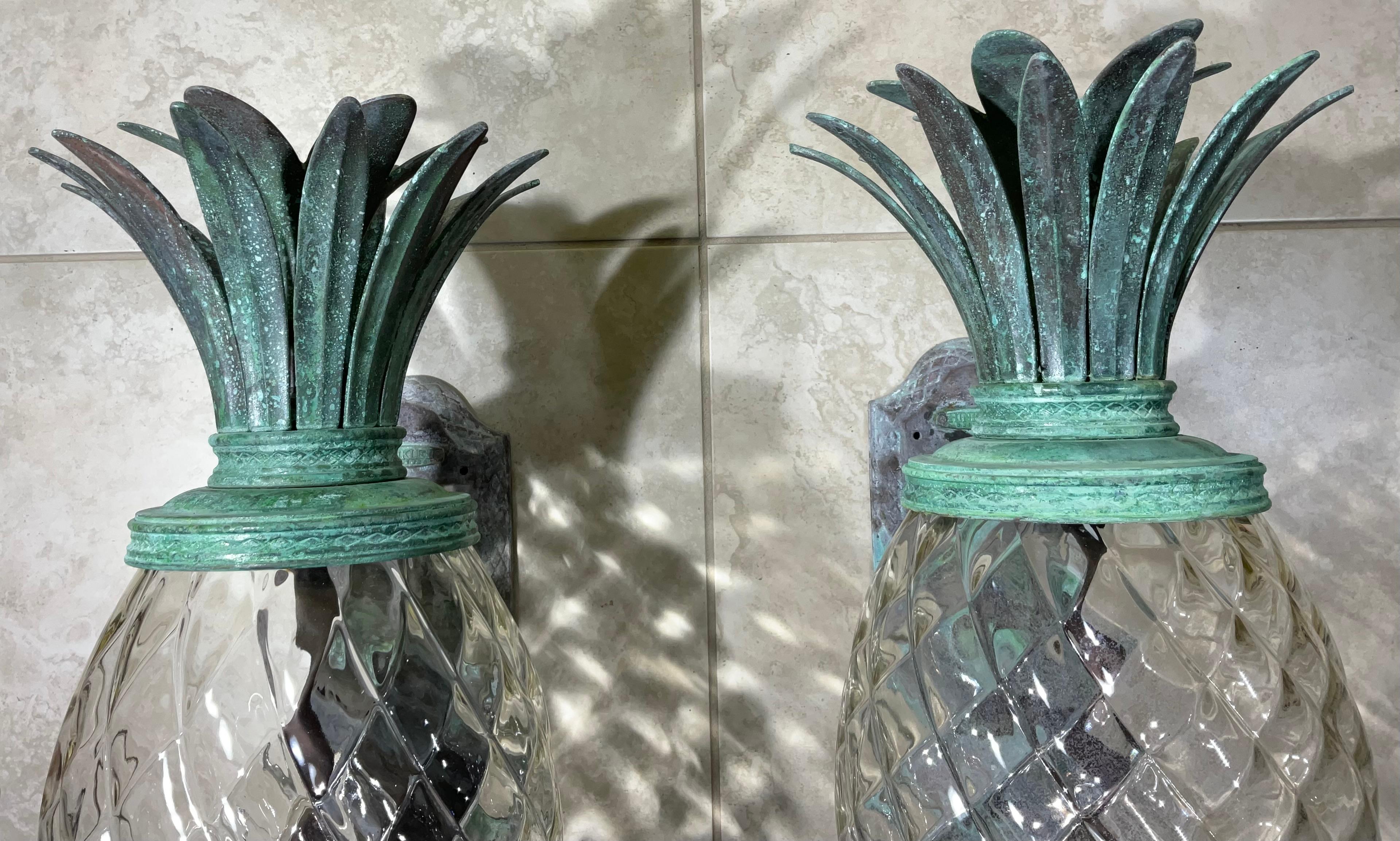 Large Pair of Bronze and Brass Pineapple Wall Lantern or Wall Sconces  1