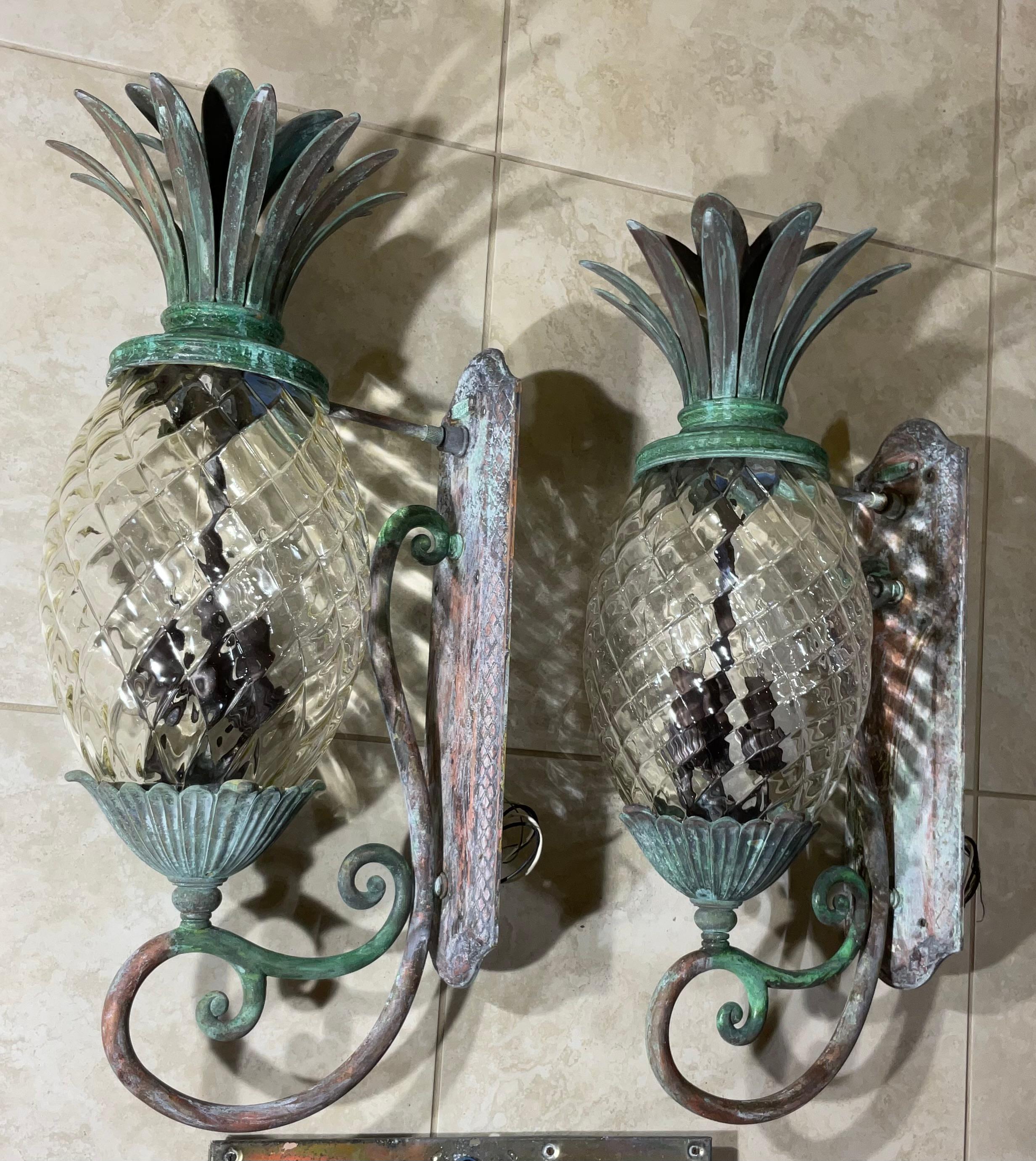 Large Pair of Bronze and Brass Pineapple Wall Lantern or Wall Sconces  For Sale 2