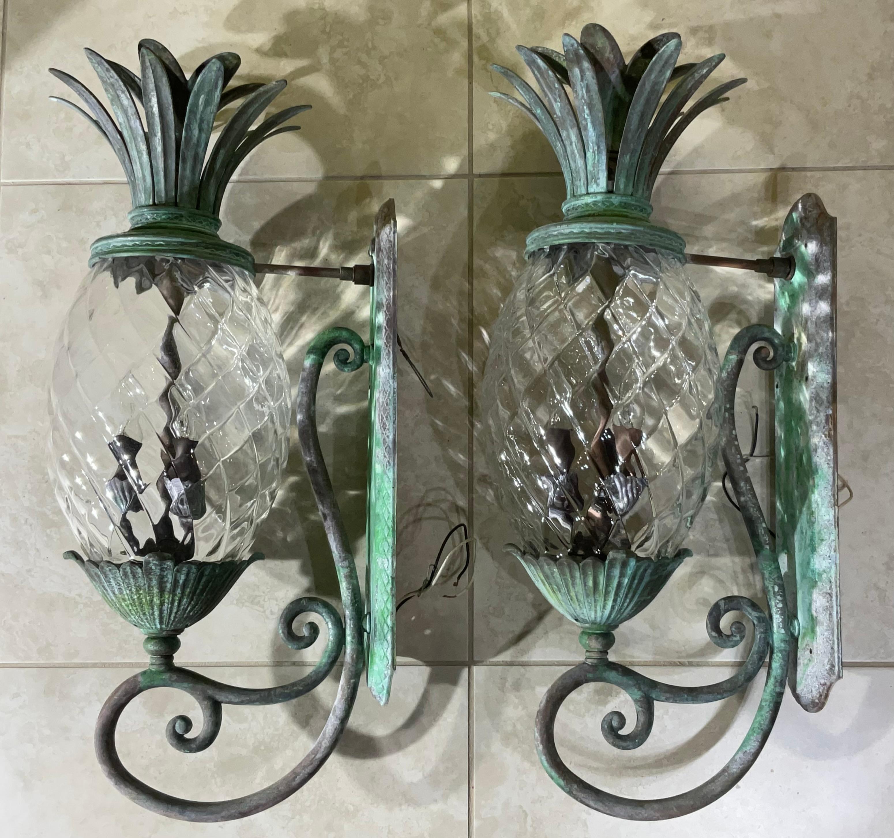 Large Pair of Bronze and Brass Pineapple Wall Lantern or Wall Sconces 2