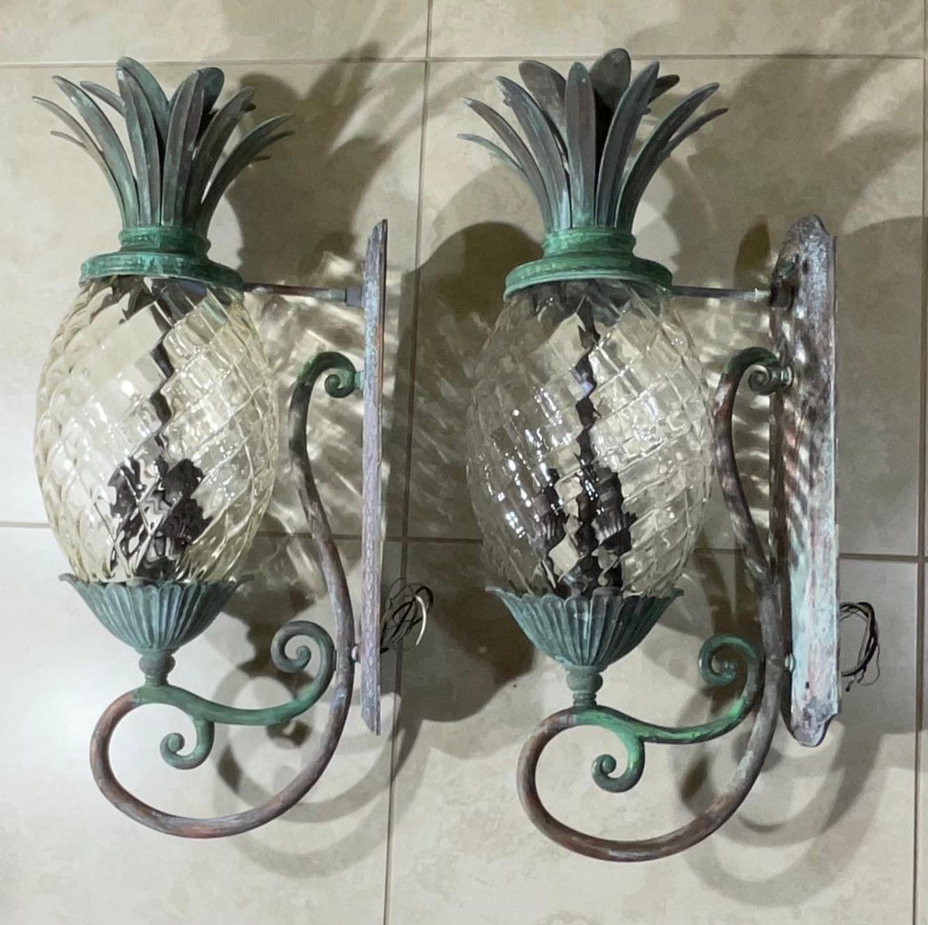 Large Pair of Bronze and Brass Pineapple Wall Lantern or Wall Sconces  For Sale 3