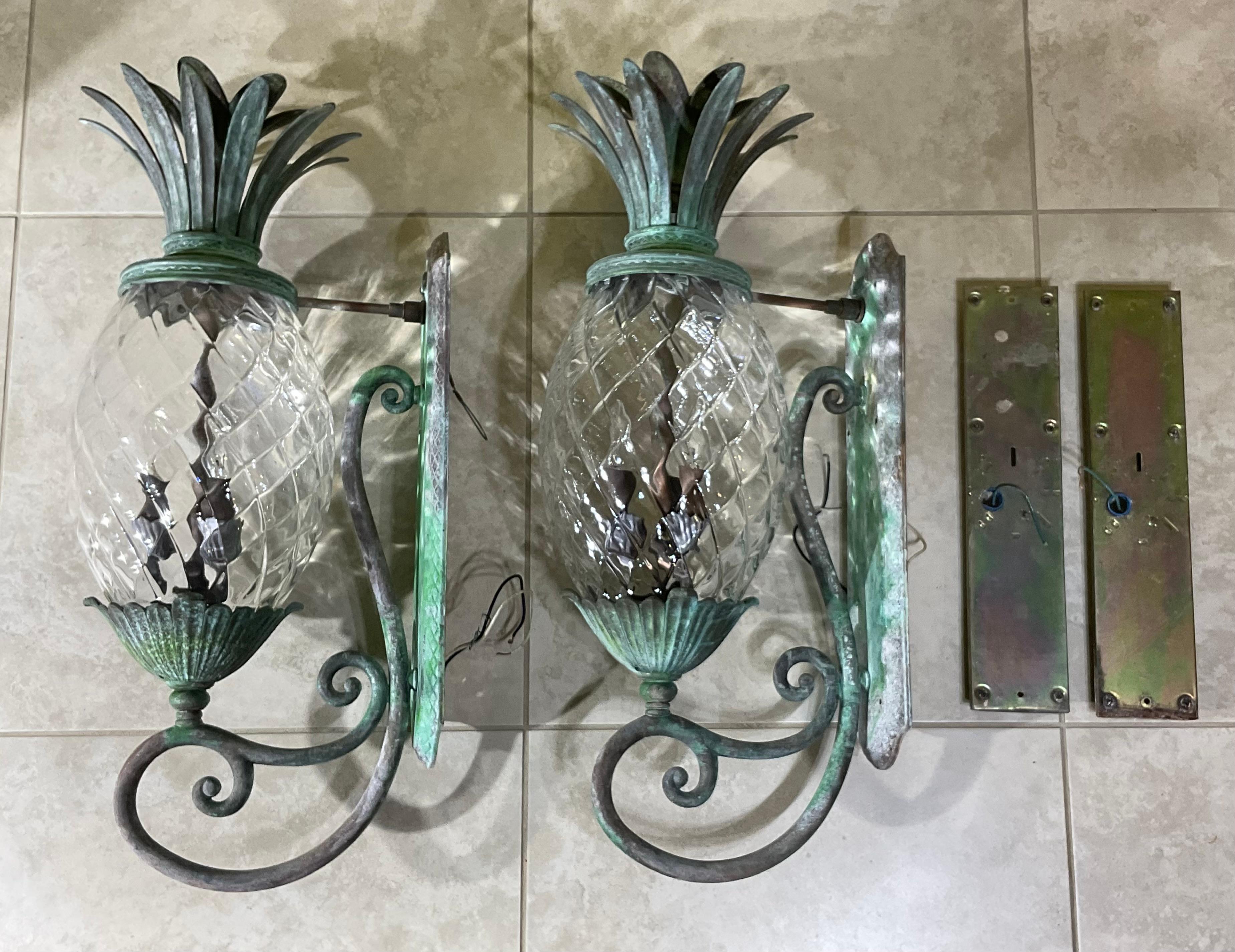 Large Pair of Bronze and Brass Pineapple Wall Lantern or Wall Sconces 3