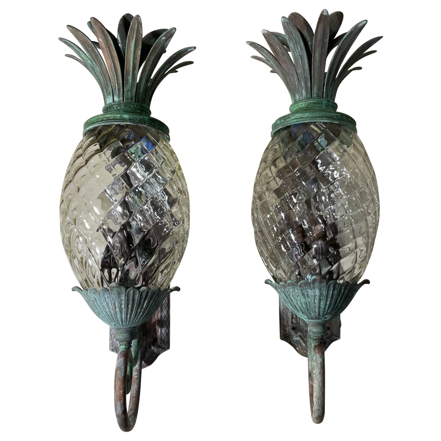 Large Pair of Bronze and Brass Pineapple Wall Lantern or Wall Sconces