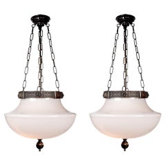 Large Pair of Bronze and Milk Glass Empire Chandeliers