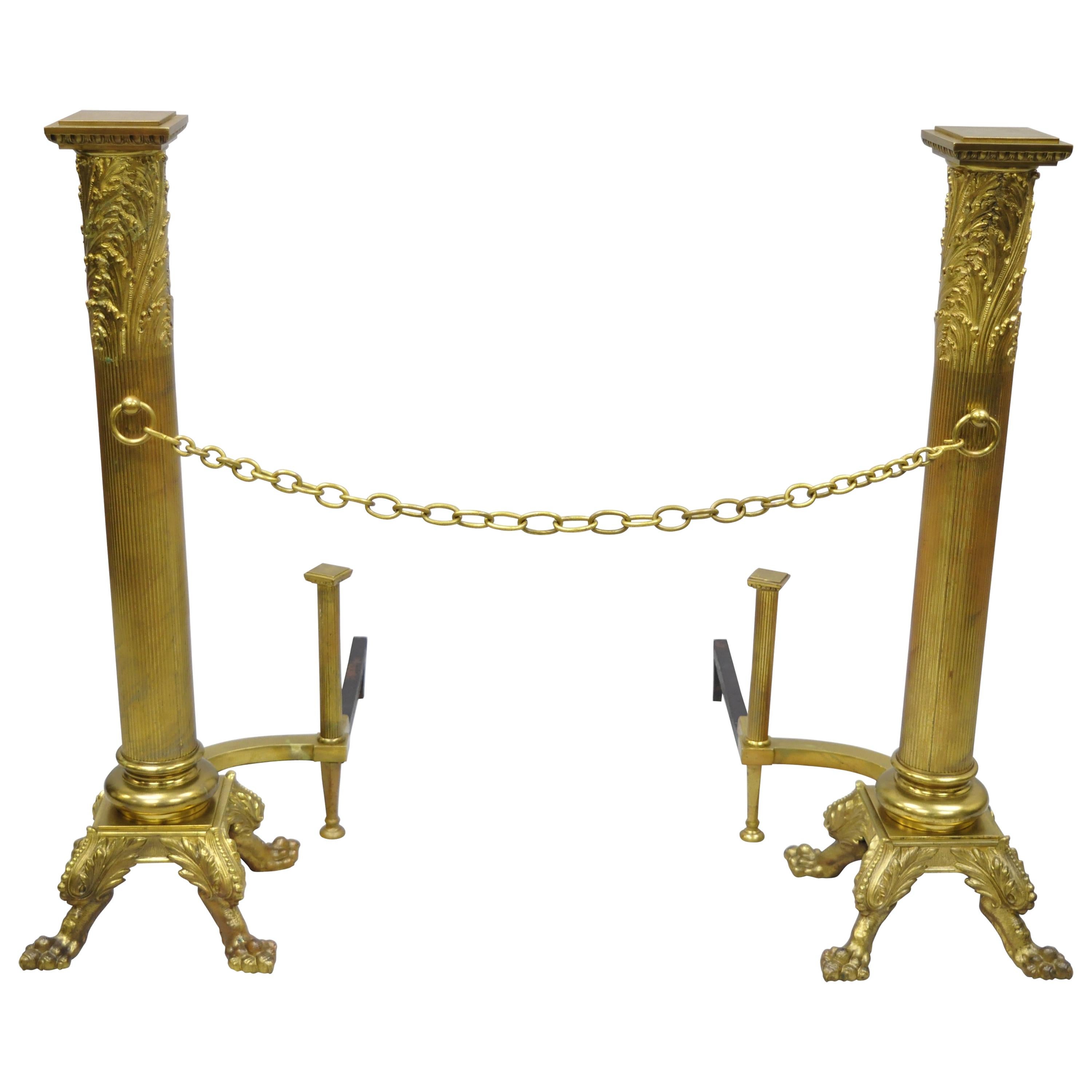 Large Pair of Bronze French Empire Paw Foot Column Fireplace Andirons