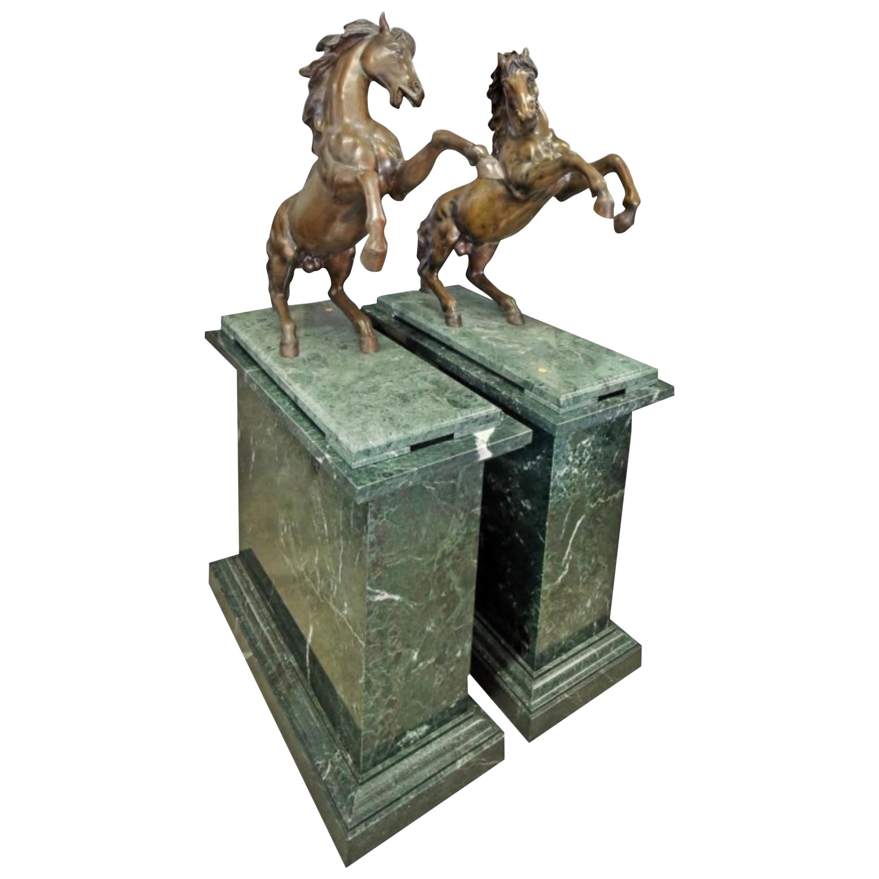 Large Pair of Bronze Horses on Marble Bases
