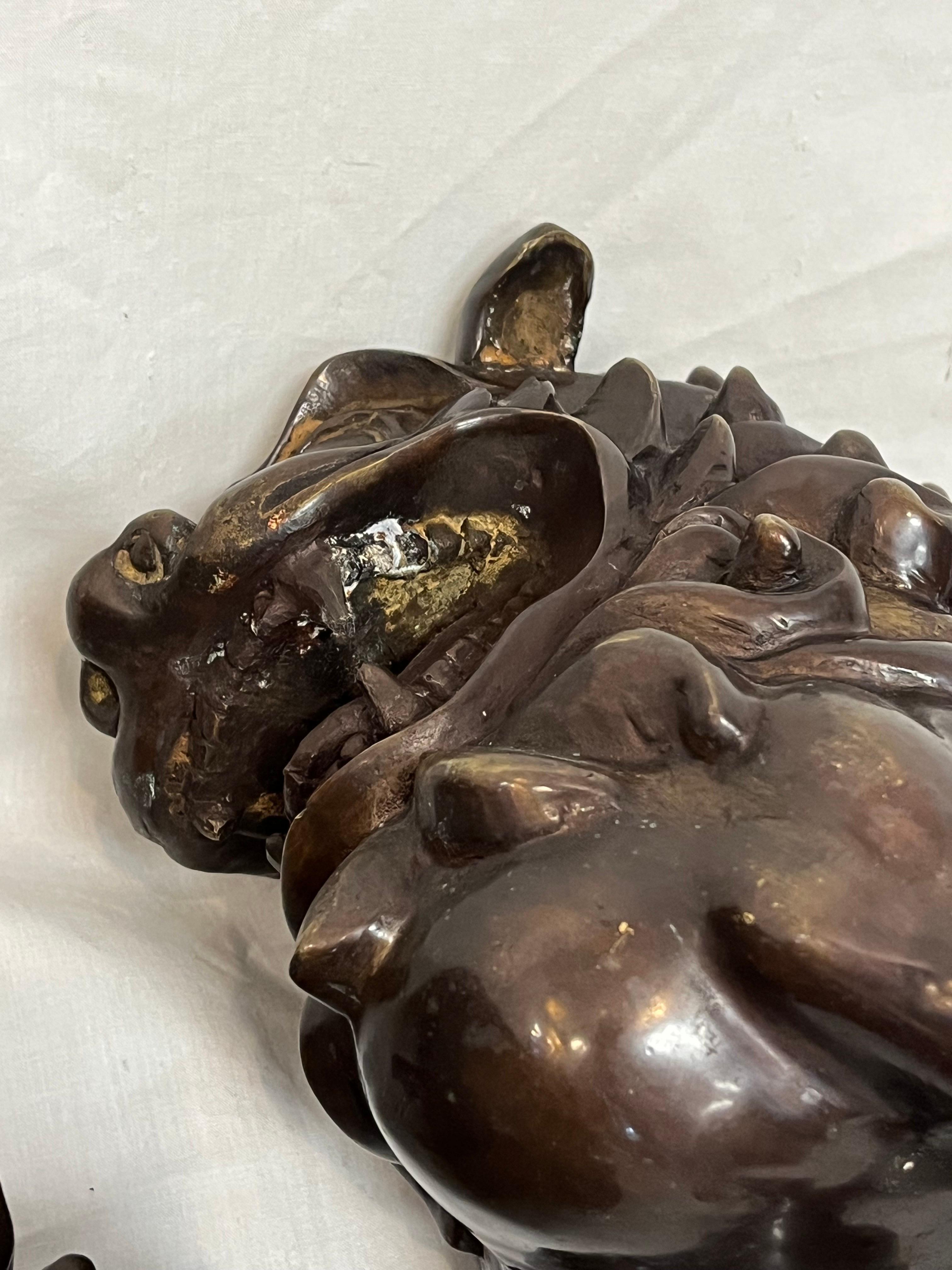 Large Pair of Bronze Lionized Shih Tzus Foo Dogs 20th Century Asian Sculptures For Sale 11