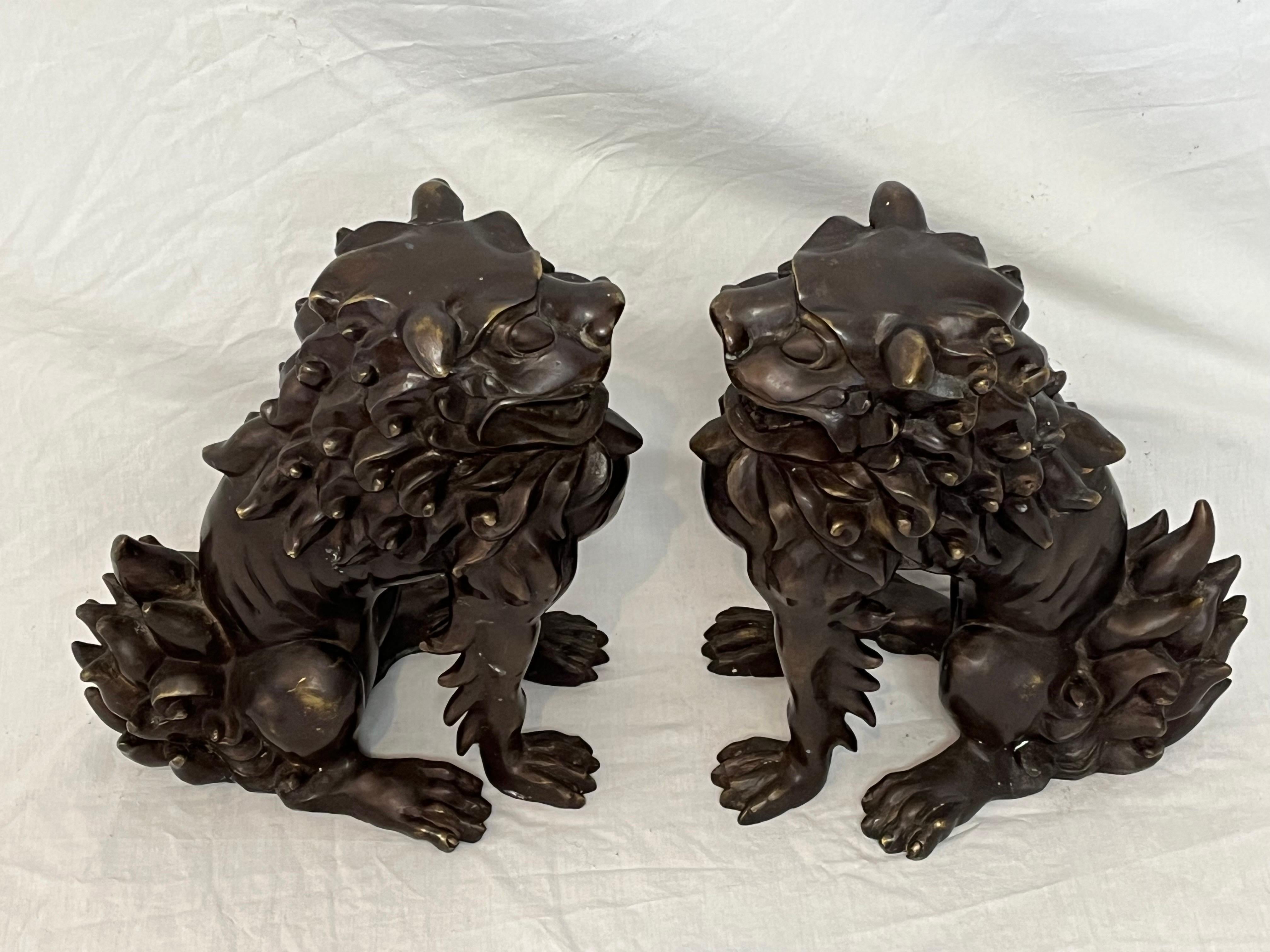 Large Pair of Bronze Lionized Shih Tzus Foo Dogs 20th Century Asian Sculptures For Sale 13