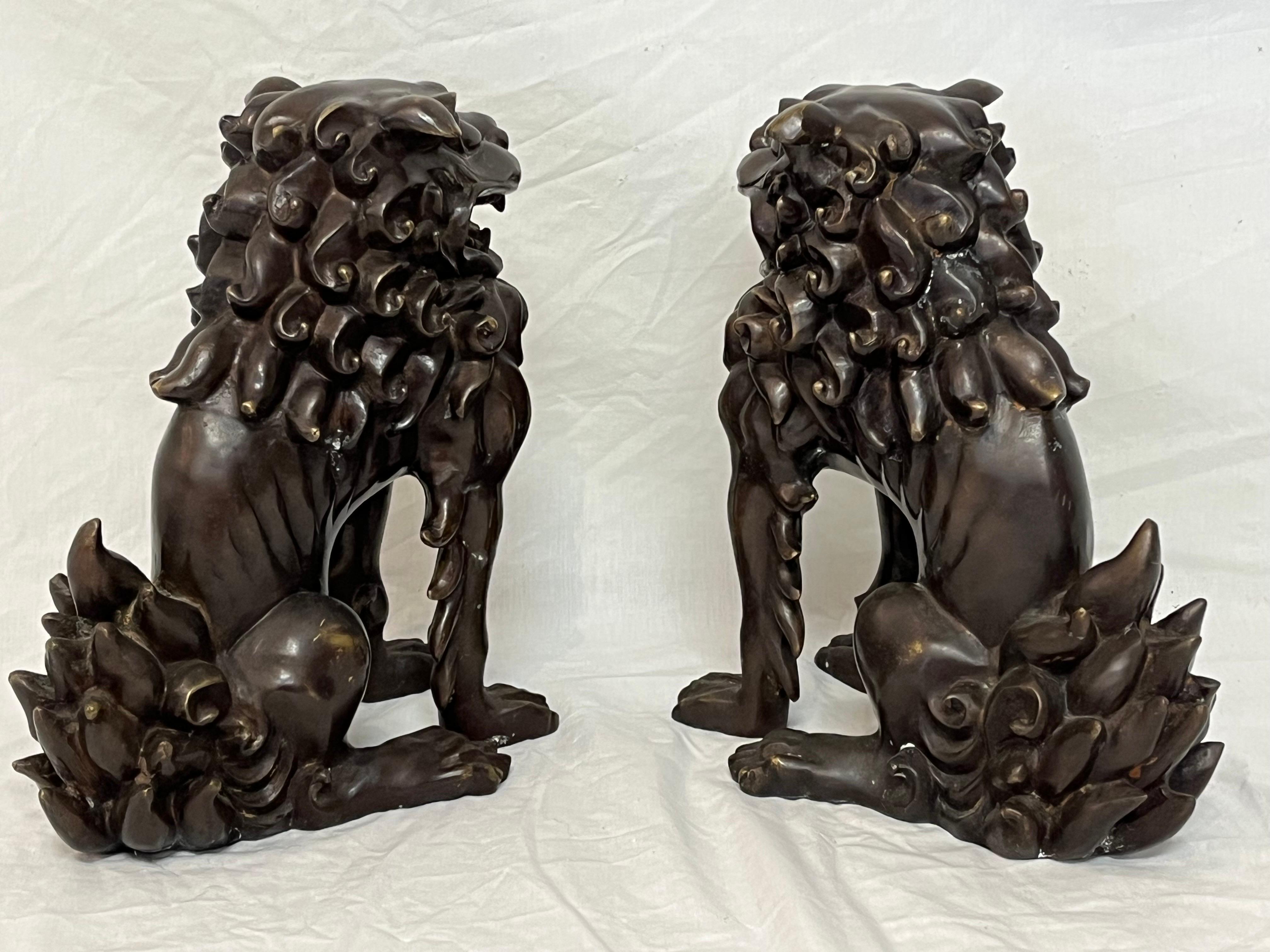 Large Pair of Bronze Lionized Shih Tzus Foo Dogs 20th Century Asian Sculptures In Good Condition For Sale In Atlanta, GA