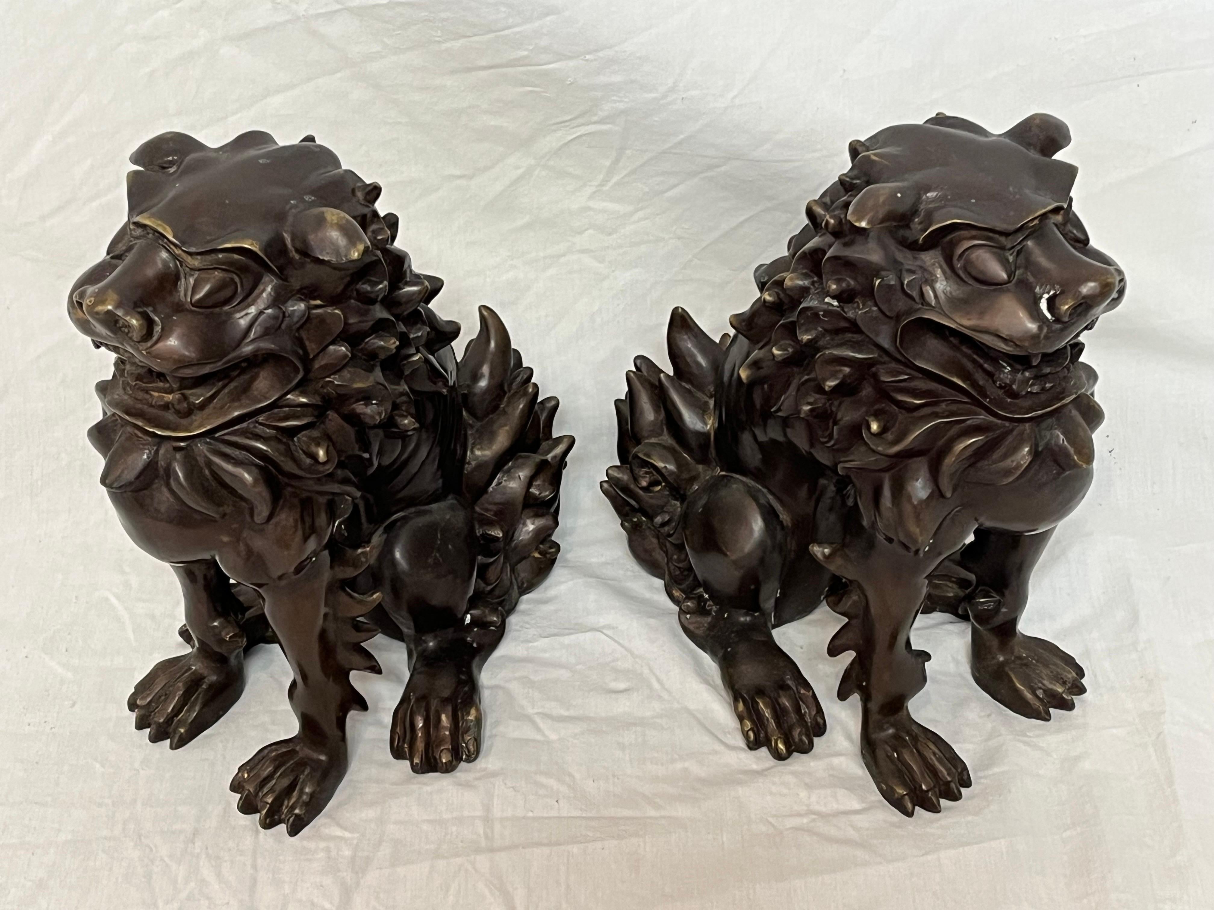 Large Pair of Bronze Lionized Shih Tzus Foo Dogs 20th Century Asian Sculptures For Sale 2