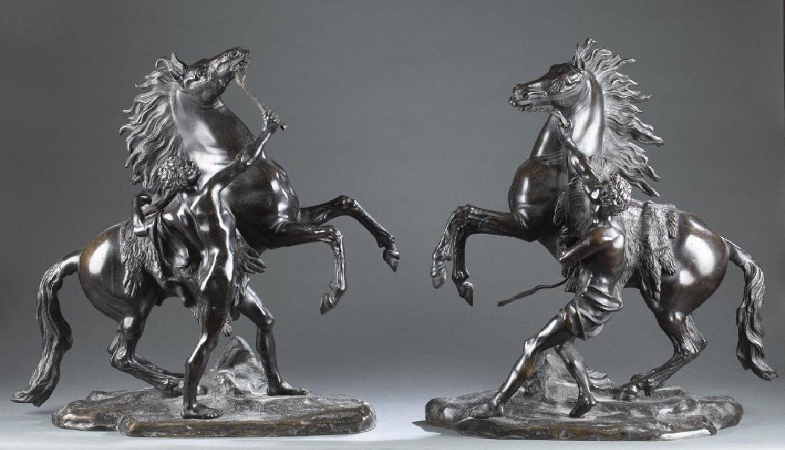 “Marly Horses,” paired sculptures also sometimes known as “horse tamers,” or just “horses restrained by grooms,” have their origins in France, probably by way of ancient Rome. Since the early days of Rome, a pair of sculptures, each of a man with a