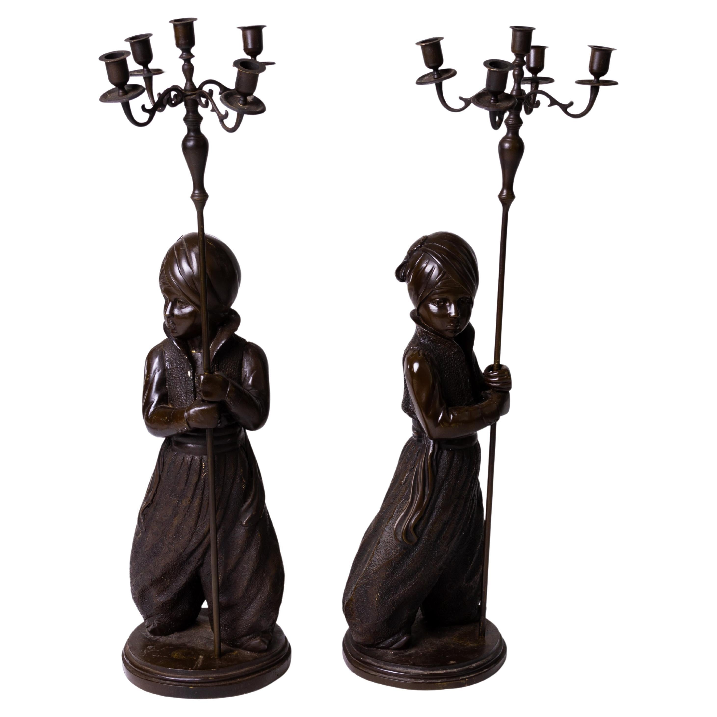 Large Pair of Bronze Orientalist Sculptures Candelabras 19th Century