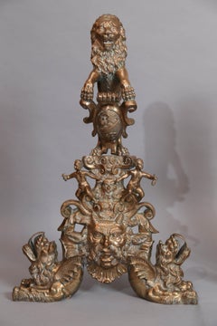 Large Pair of Bronze Rococo Andirons with Standing Lions