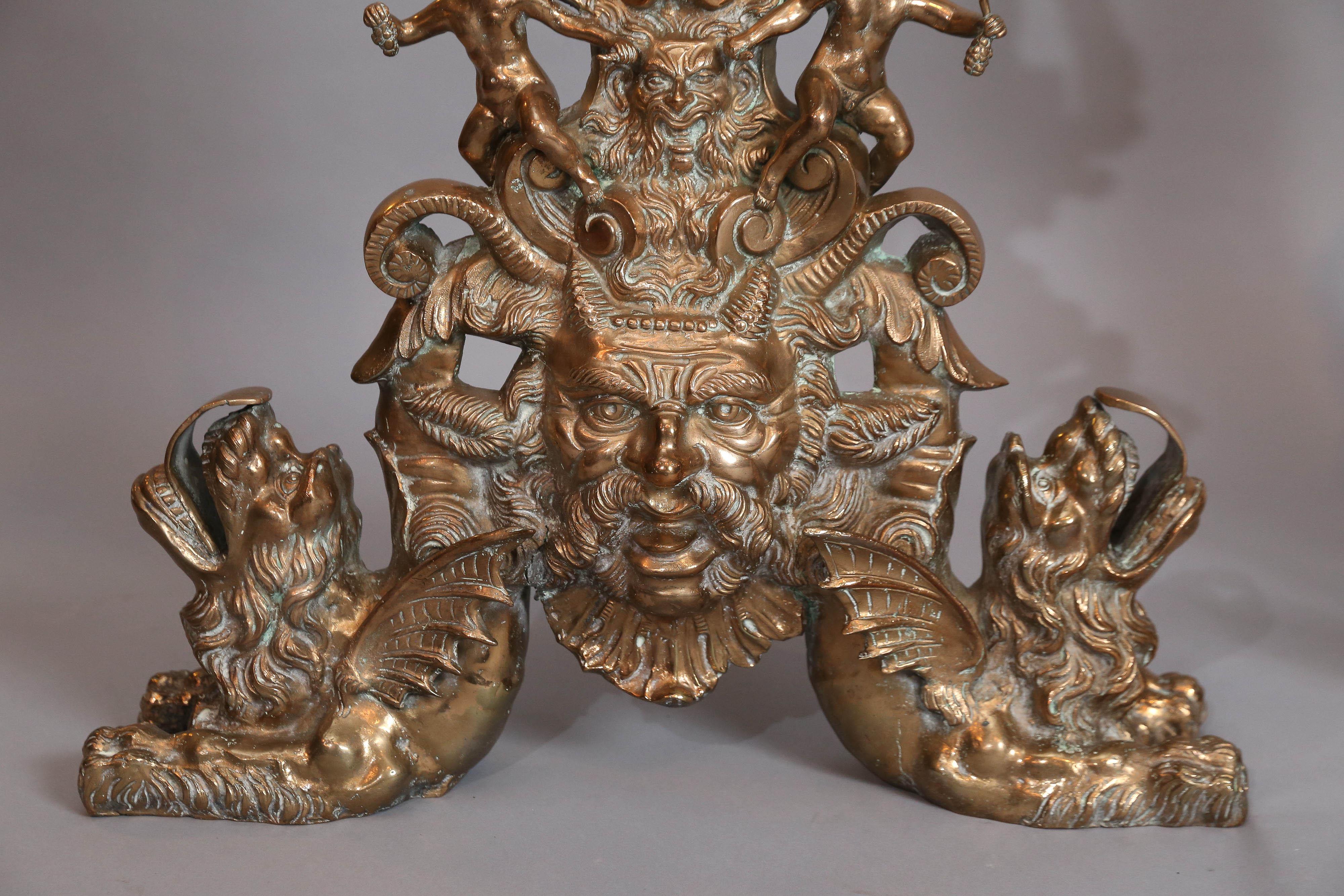 French Large Pair of Bronze Rococo Andirons with Standing Lions For Sale