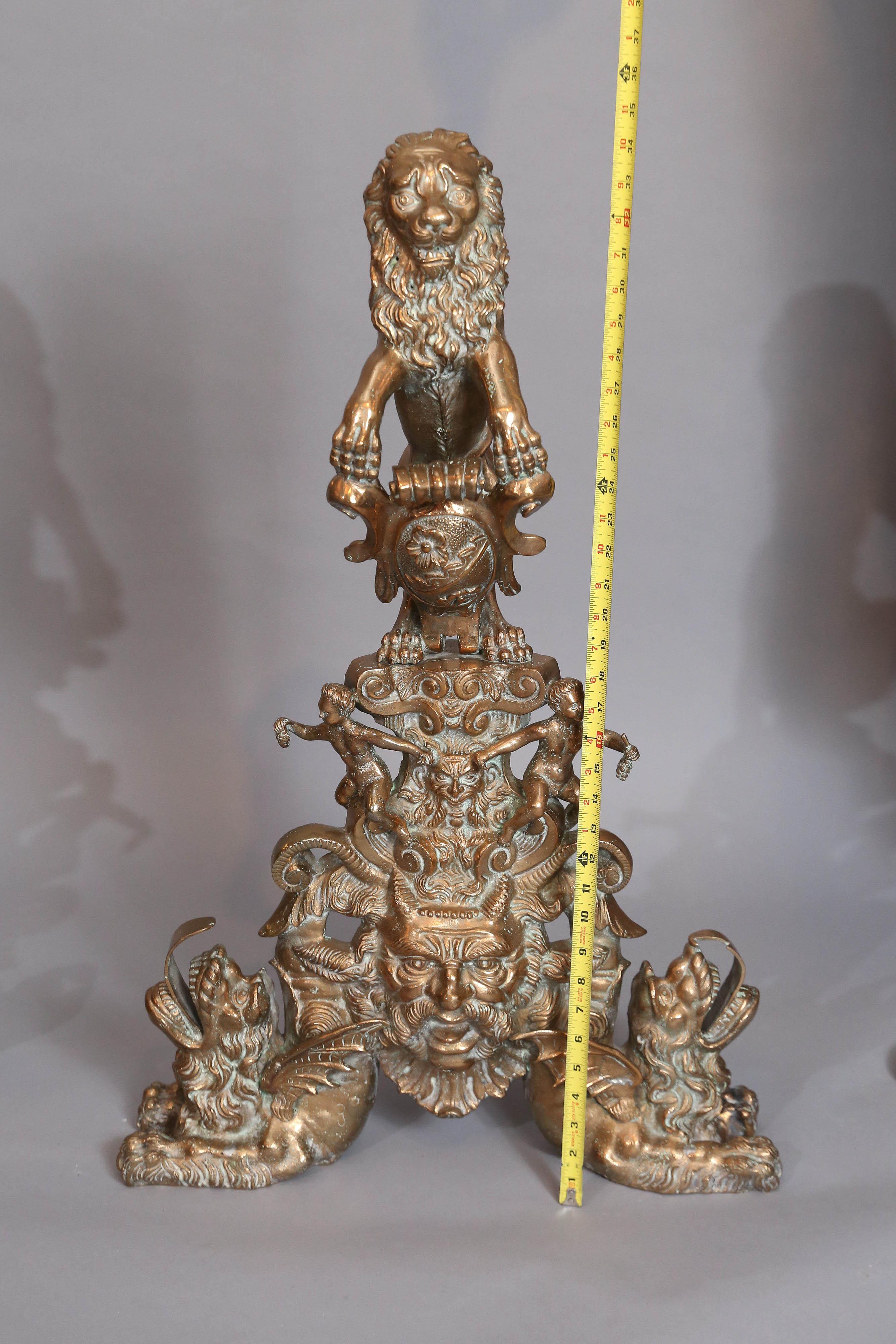 Large Pair of Bronze Rococo Andirons with Standing Lions In Good Condition For Sale In Houston, TX