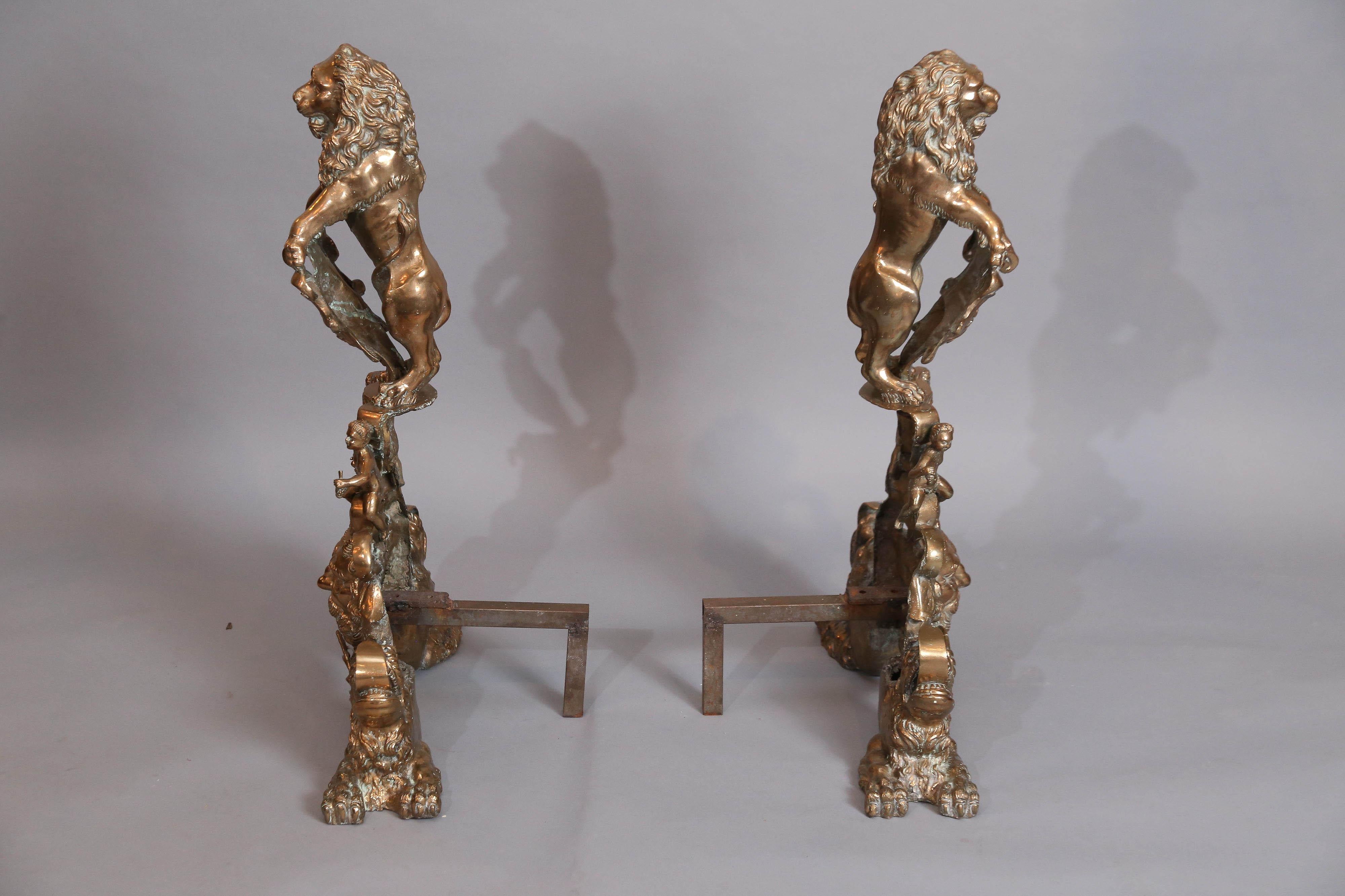 19th Century Large Pair of Bronze Rococo Andirons with Standing Lions For Sale
